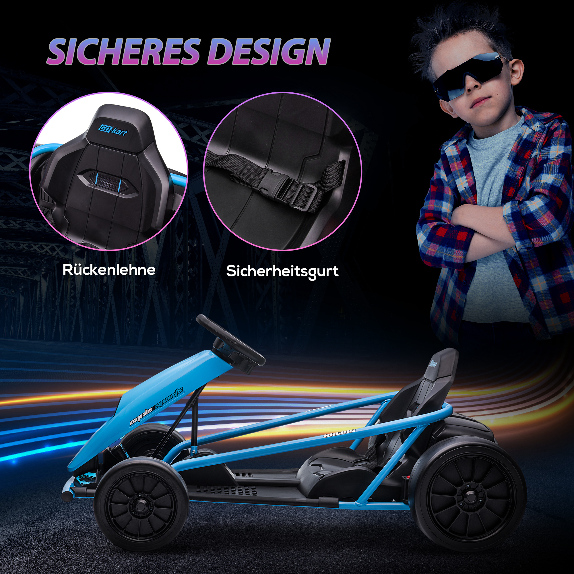 Elektro-Gokart für Kinder, Drift-Funktion, Hupe, Musik, Sicherheitsgurt, Soft-Start, Blau/Schwarz
