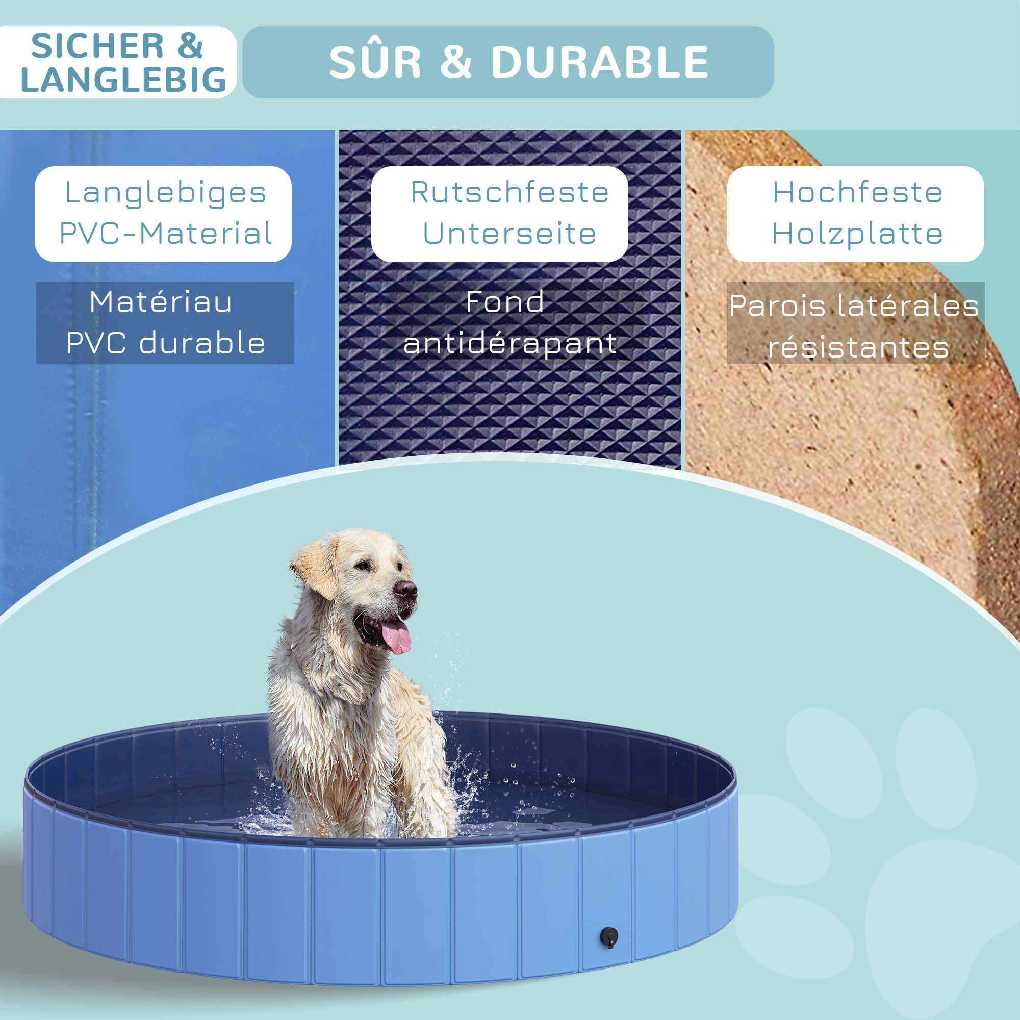 Hundebadewanne faltbar Badewanne Hundepool Plantschbecken Swimmingpool Wasserbecken für Hunde und Katzen Schwimmbecken Kunststoff+Holz Blau Ø120 x H30 cm