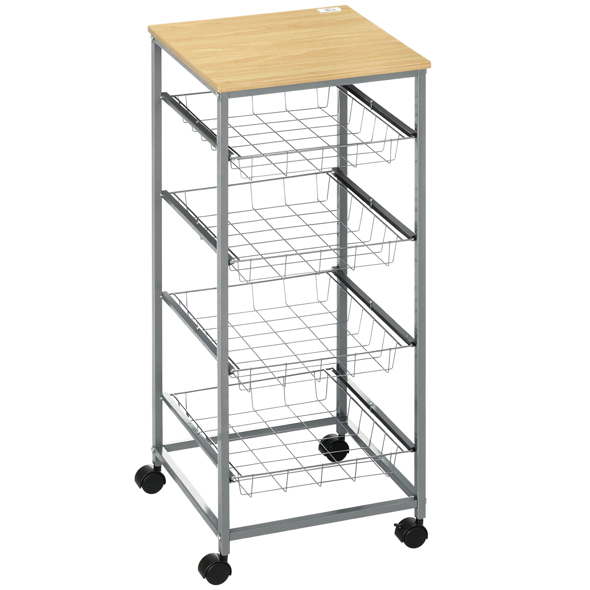Küchenwagen Rollwagen mit 4 Ebenen Küchenregal mit Metallkörben, Allzweckwagen auf Rollen, Aufbewahrungswagen für Küche Bad Büro Wohnzimmer Silber