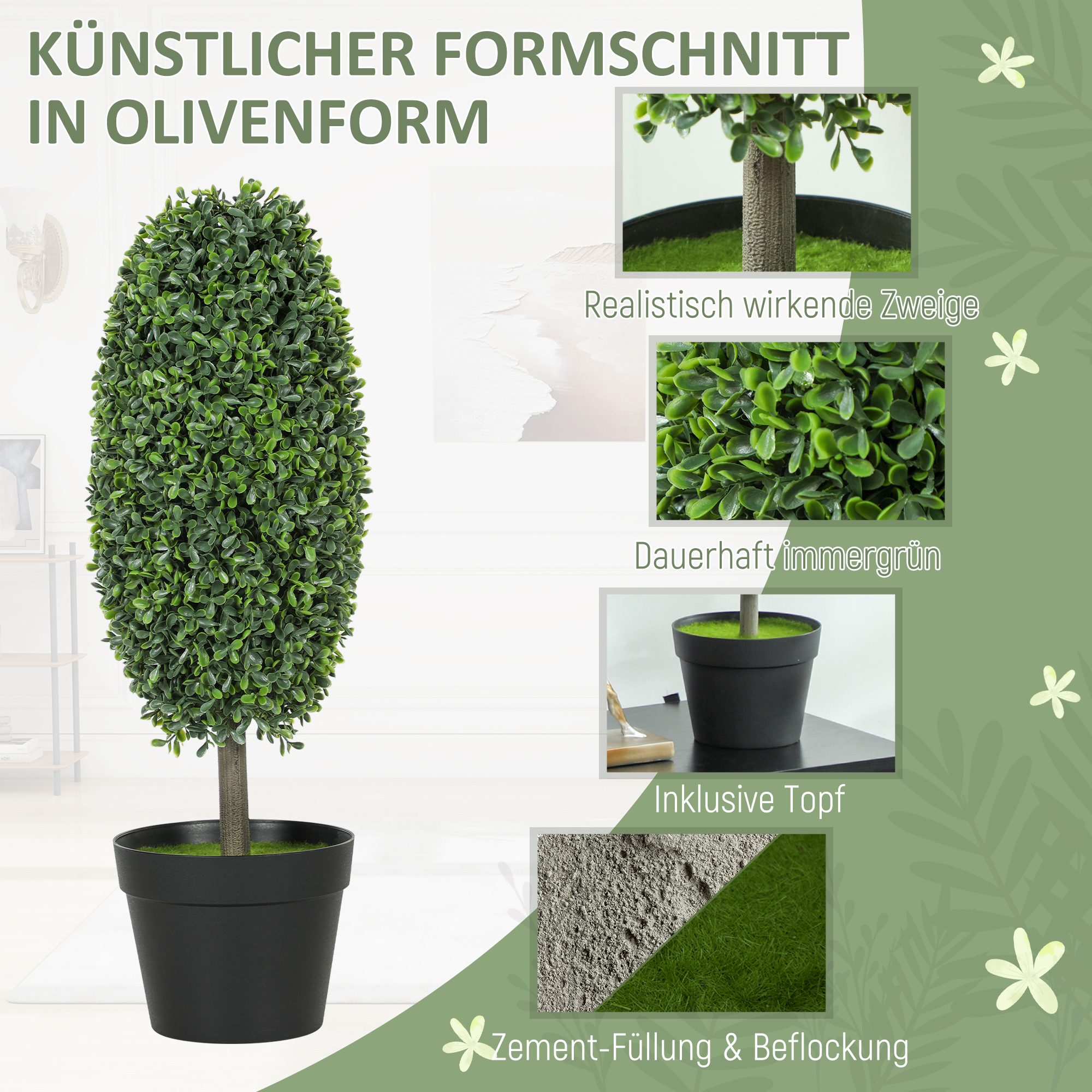 2er-Set künstliche Pflanzen, UV-beständige Kunstbäume im Topf, Kunststoff, Zement, Grün