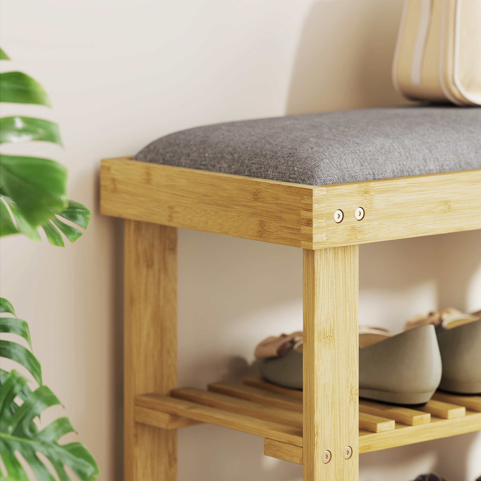 Schuhbank mit Sitzfläche, Bambus Sitzbank mit Stauraum, 2 offene Fächer, Sitzbank 60 x 29 x 49 cm Grau