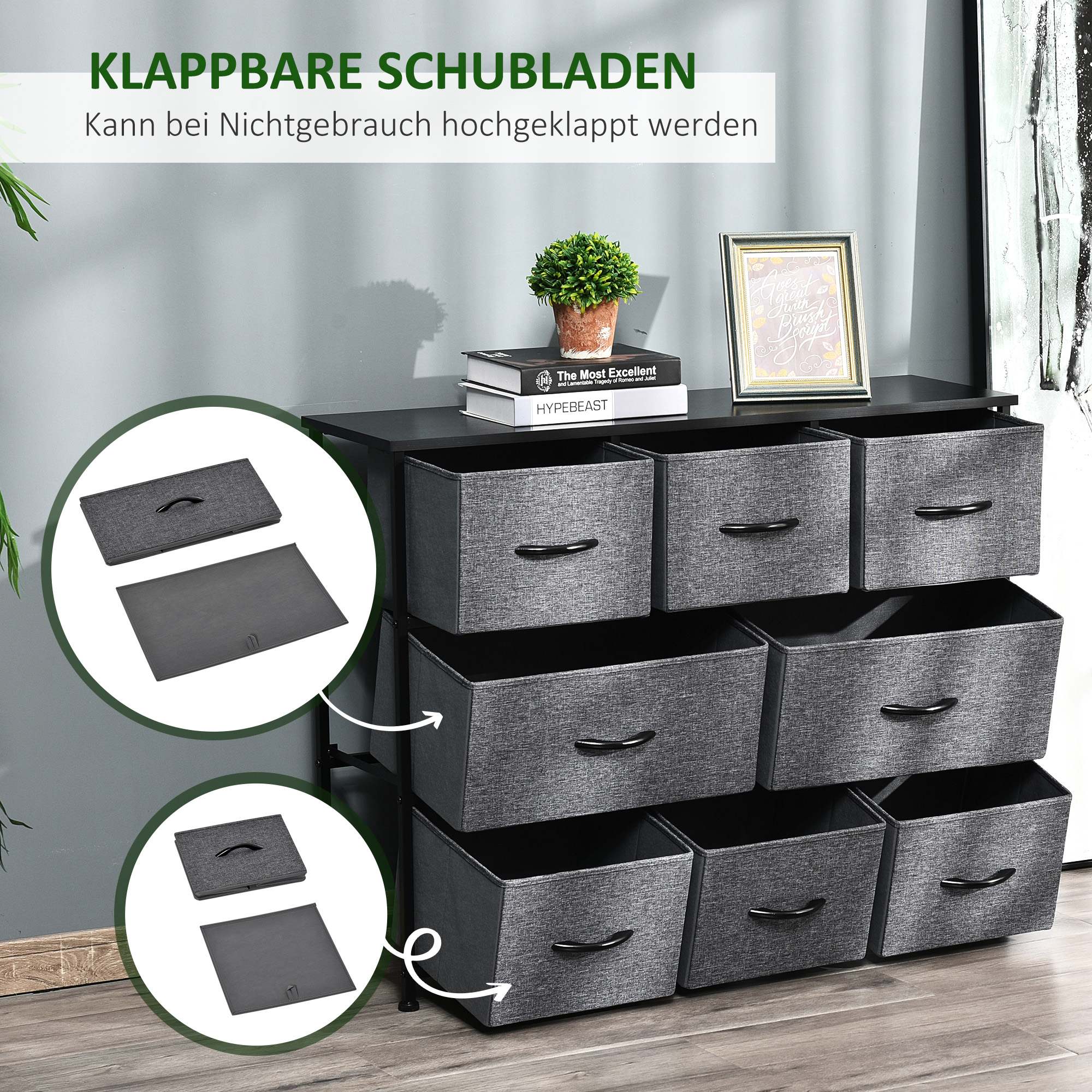 Kommode mit 8 Stoffschubladen, 2 große, 6 kleine, Metallrahmen, Kippschutz, Grau