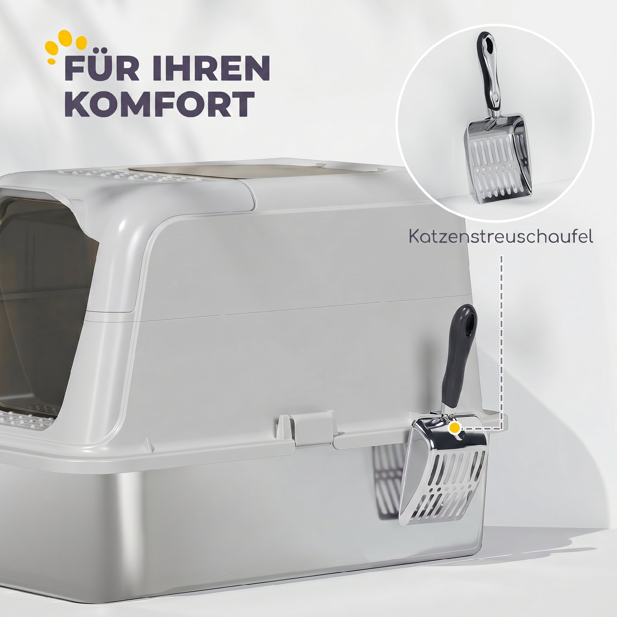 Katzenklo, Katzentoilette mit Deckel, Streuschaufel, vorne Eingang und ober Ausgang Edelstahl bis 8 kg