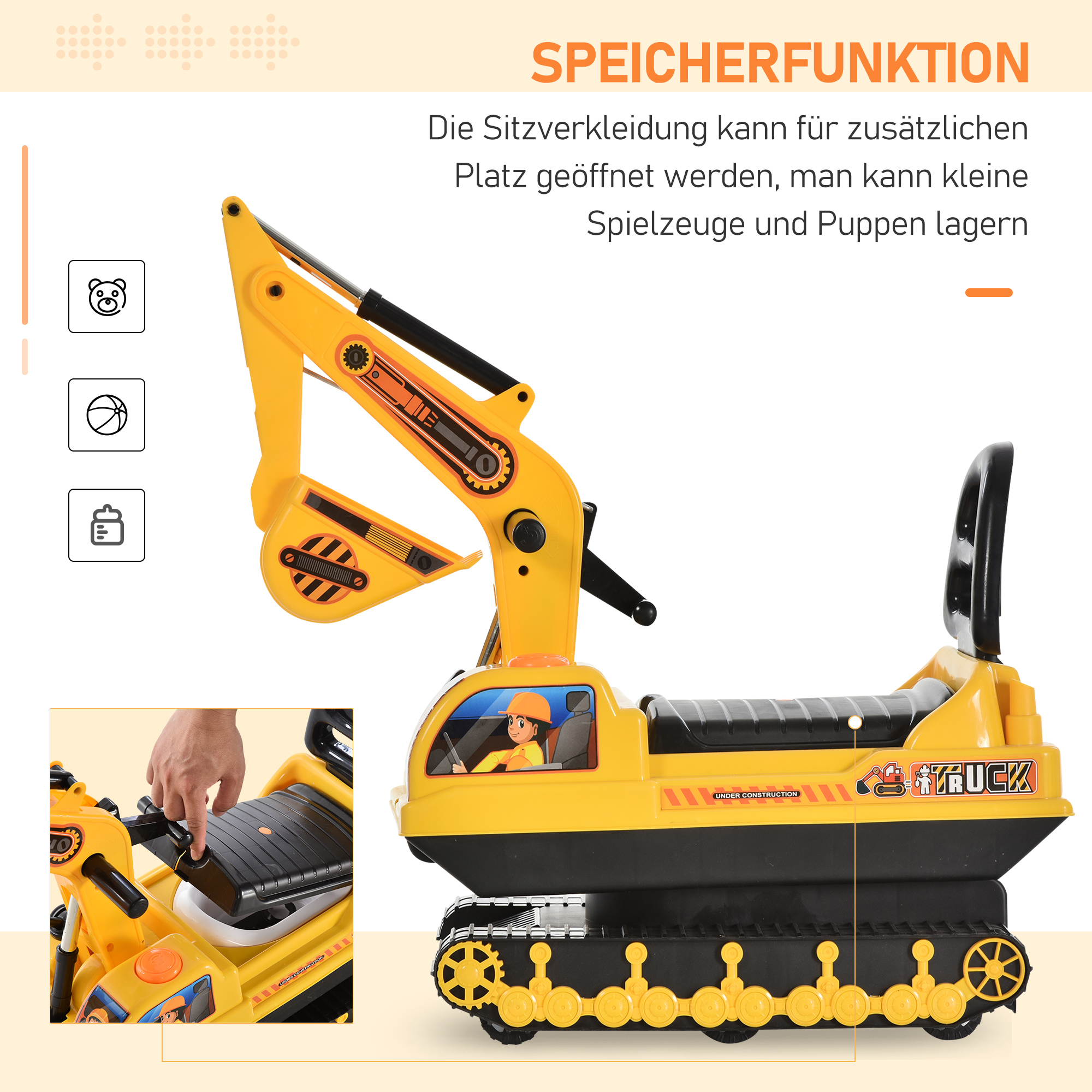 Sitzbagger Aufsitzbagger mit Schaufel Hupe, Kinderbagger mit Stauraum unter Sitz, Rutschauto Baggerfahrzeug zum Sitzen bis 30kg, Draufsitzen Sandbagger für Kinder 1,5-4 Jahre Gelb