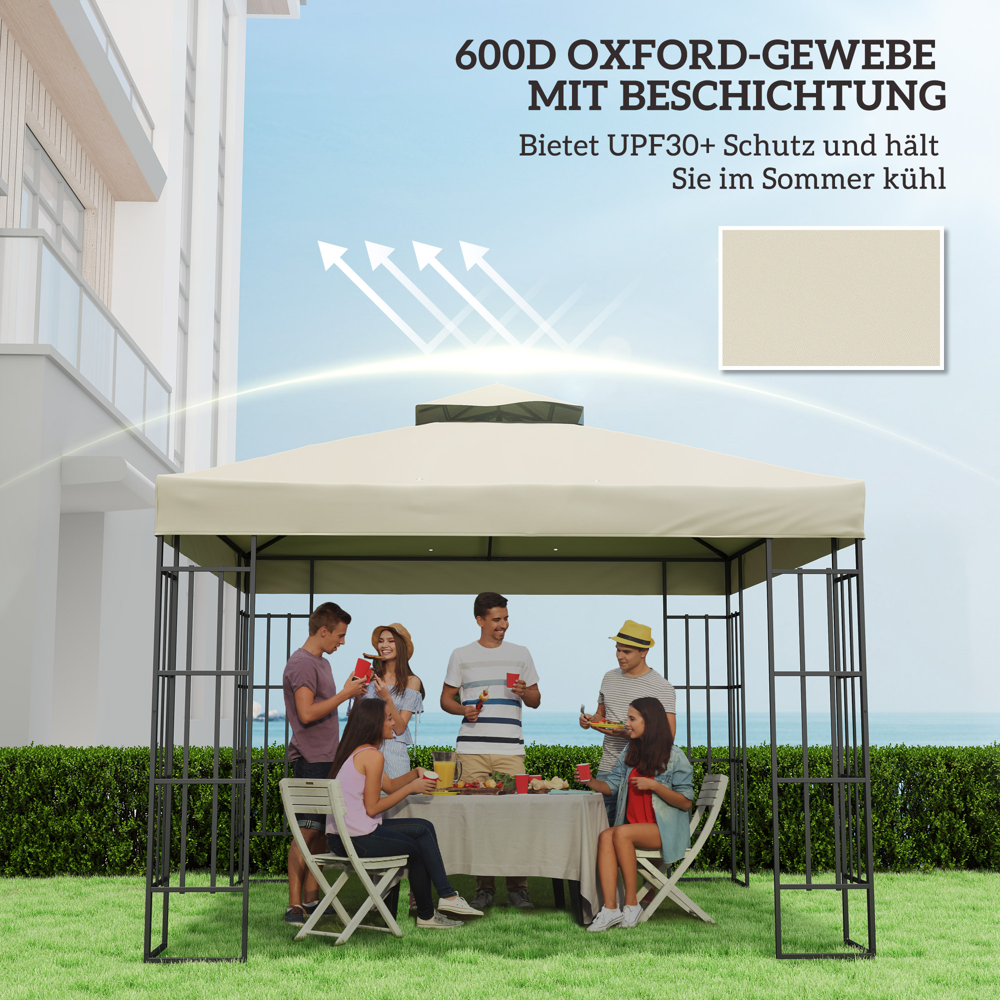 3 x 3 m Ersatzdach für Pavillon, Pavillon-Ersatzplane mit Wasserablauf-Löchern, UPF30+, Sonnenschutz, Cremeweiß