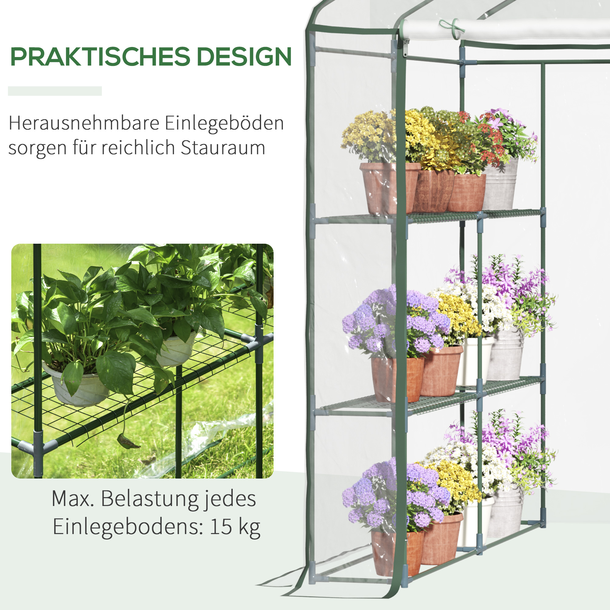 Foliengewächshaus begehbares Gartenhäuschen Tomatengewächshaus Treibhaus Frühbeet mit 6 Regalen Transparent Stahl PVC-Kunststoff 143 x 143 x 195 cm