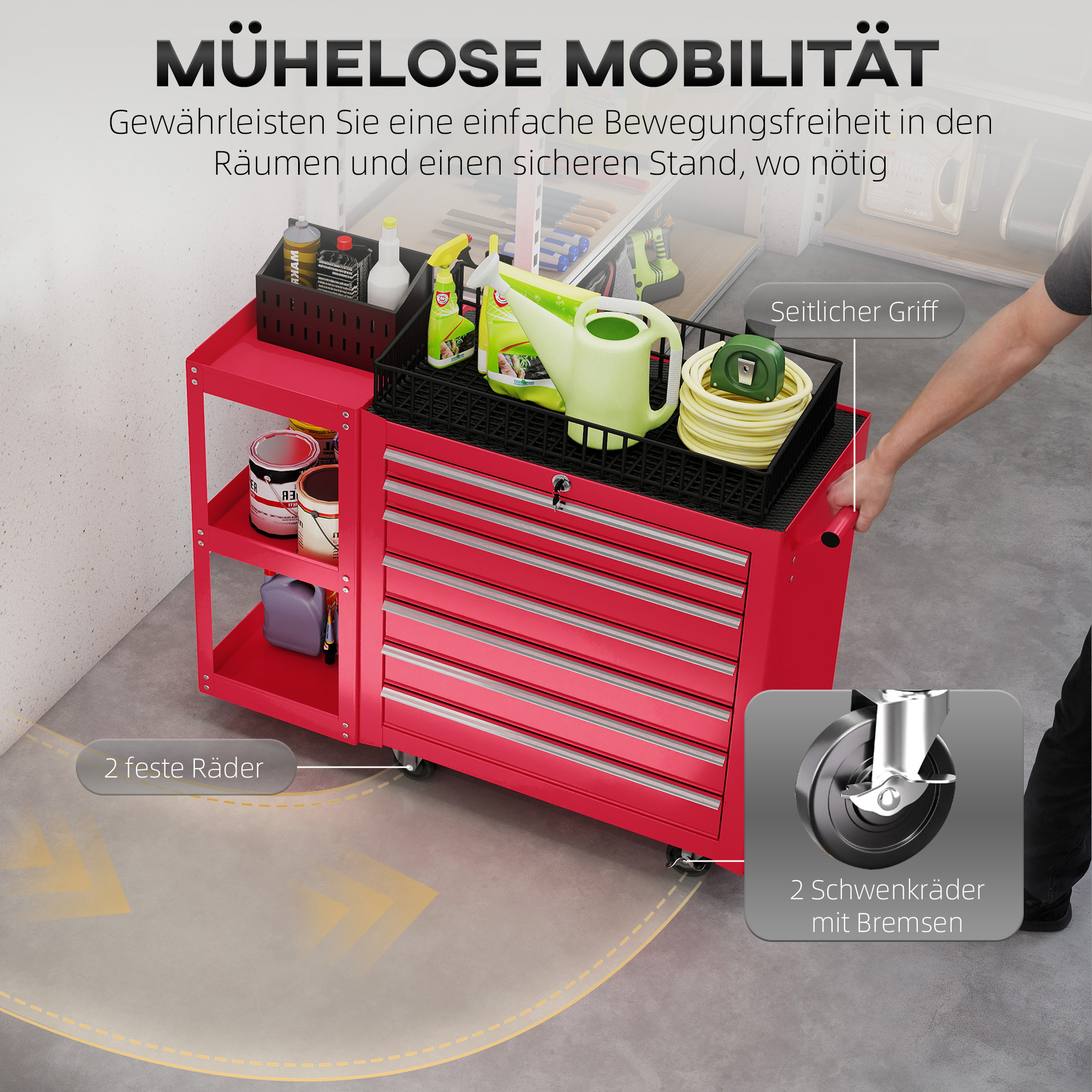 Werkstattwagen Werkzeugwagen mit 7 Schubladen abnehmbar Seitenregal 4 Rollen mit Feststellbremse, 96x33,5x75cm, Rot