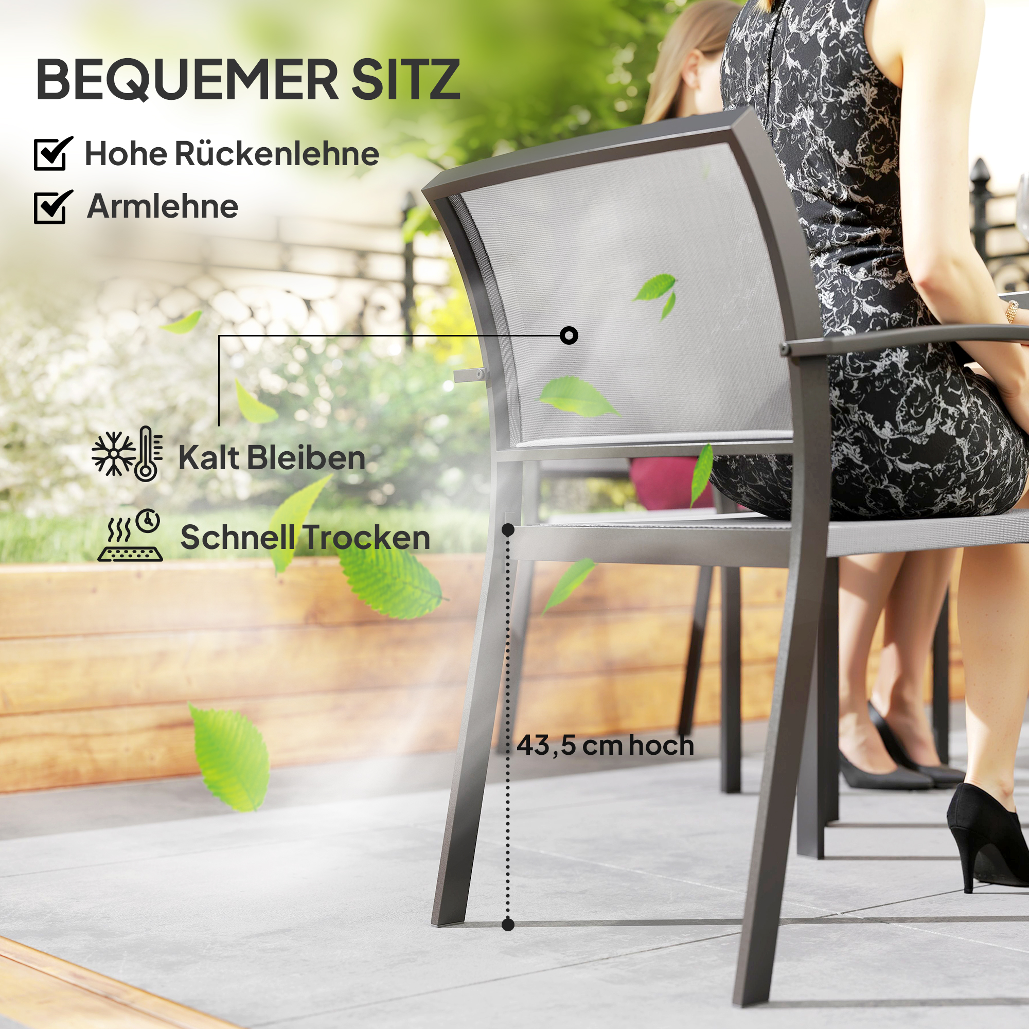 7-teiliges Ess-Set, 6 Stühle, 1 Tisch, stapelbar, leicht zu reinigen, Stahlrahmen, Gartenmöbel-Set, Grau