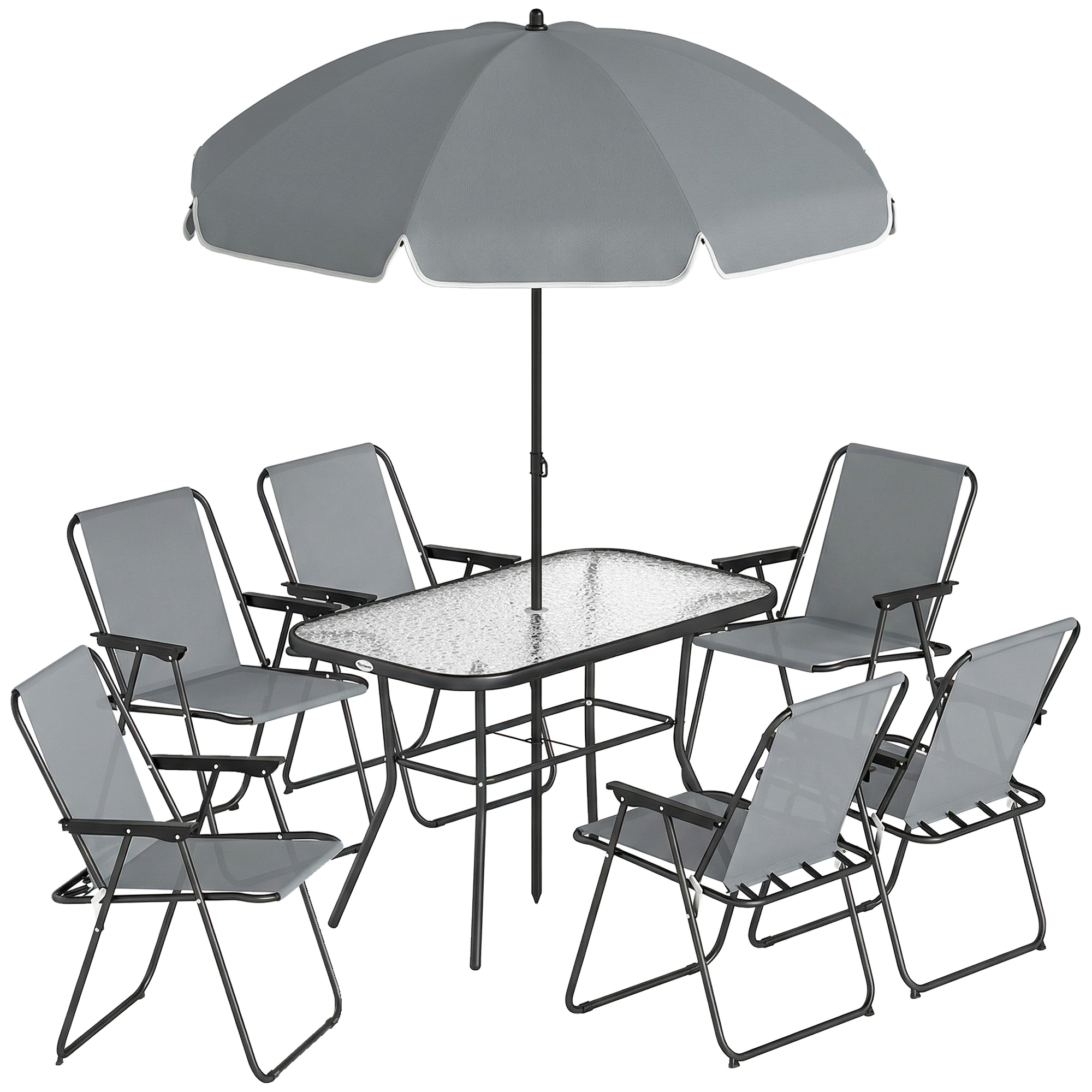 Gartenmöbel Set Sitzgruppe 119 x 68cm Glastisch mit 6 Klappstühlen Sonnenschirm Wasserwellenmuster Grau