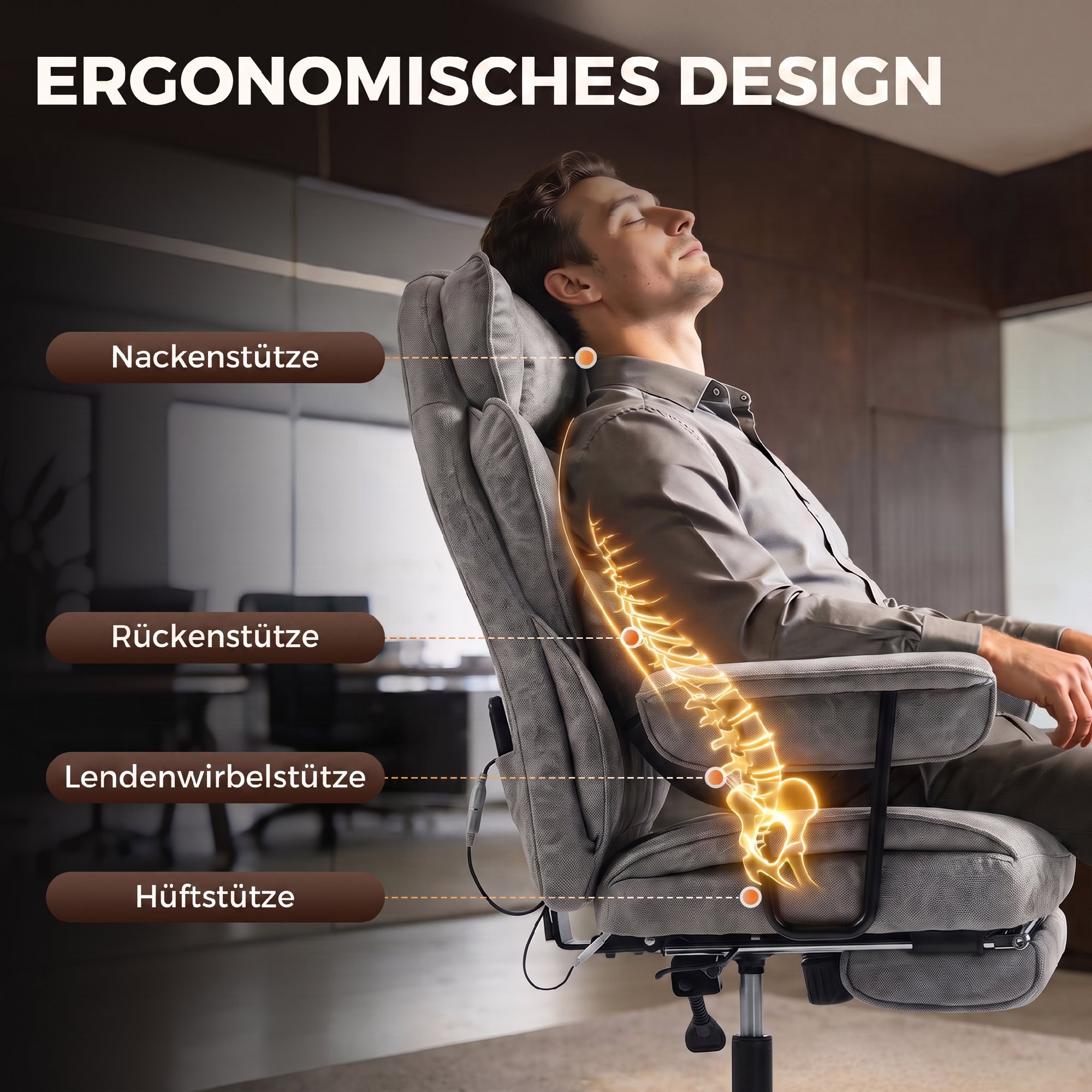 Bürostuhl mit 6-Punkt-Massage und Wärme, Schreibtischstuhl mit Fußstütze, Lendenstütze und breiter Sitzfläche, Grau