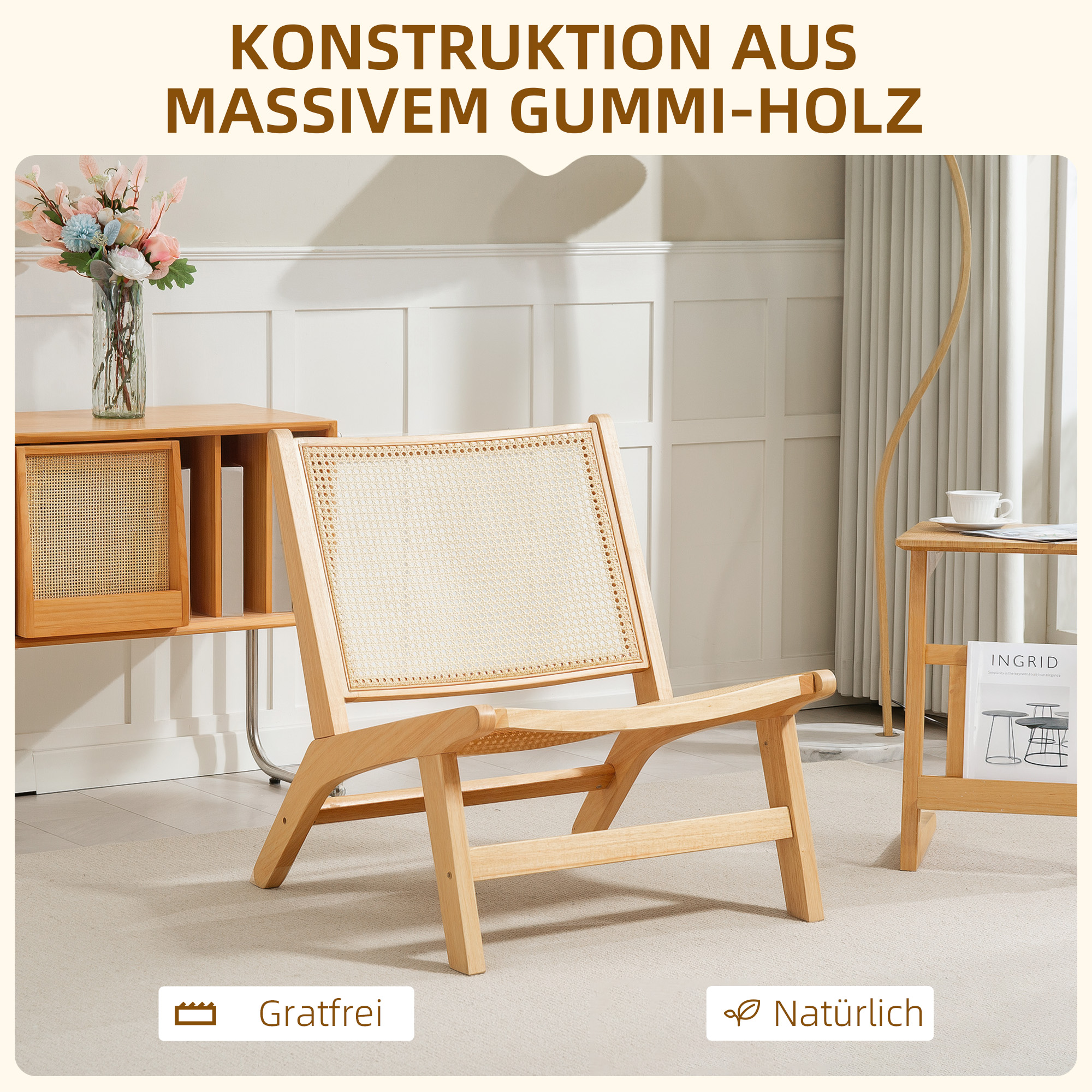 Rattanstuhl, Lesestuhl, Holzrahmen, breiter Sitz, 64 x 70 x 74 cm, Naturholz