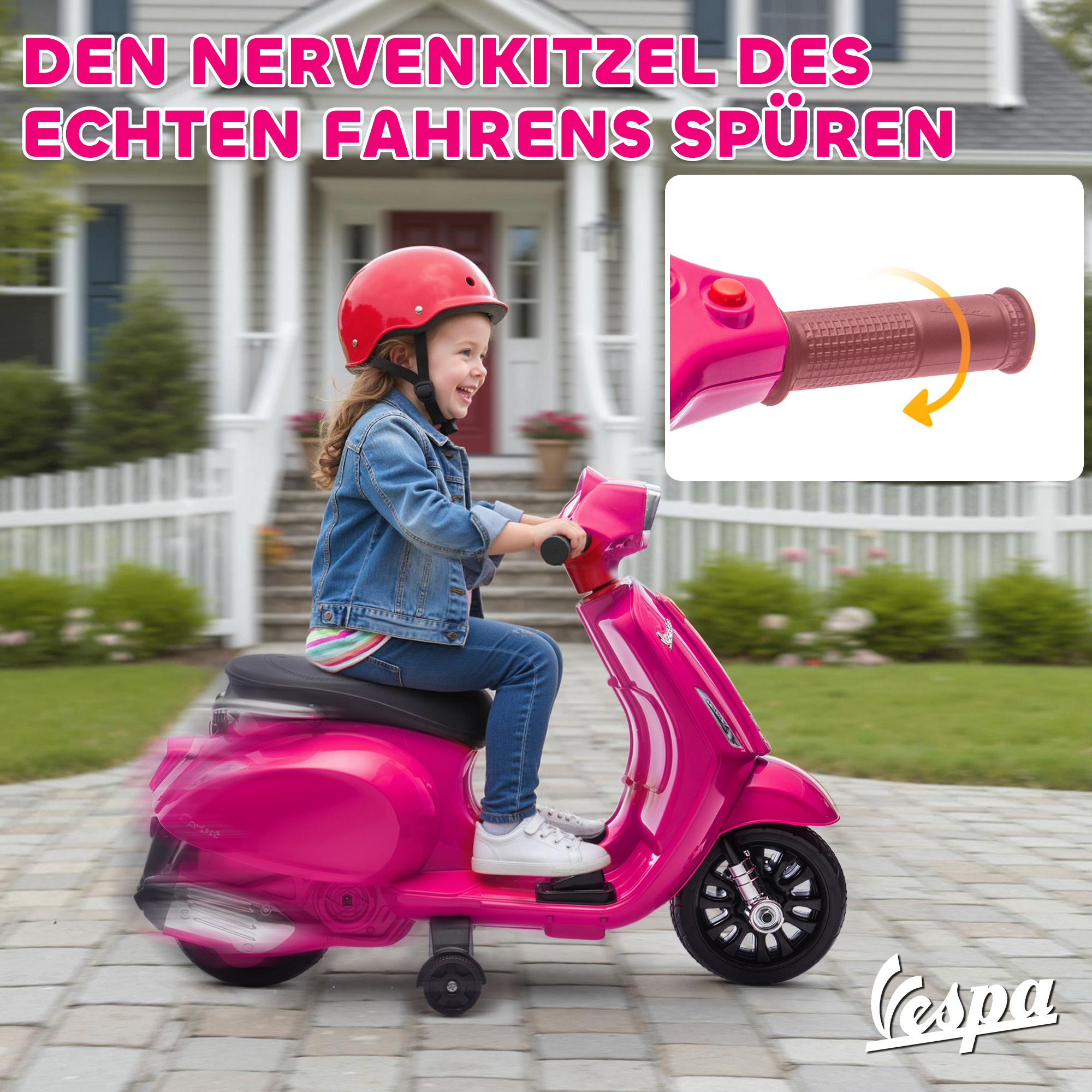 Elektro Motorrad Kinder Vespa 6V Elektromotorrad mit Stützrädern, Scheinwerfer, Hupe für 2-4 Jahre 71 x 37 x 52 cm Rosa