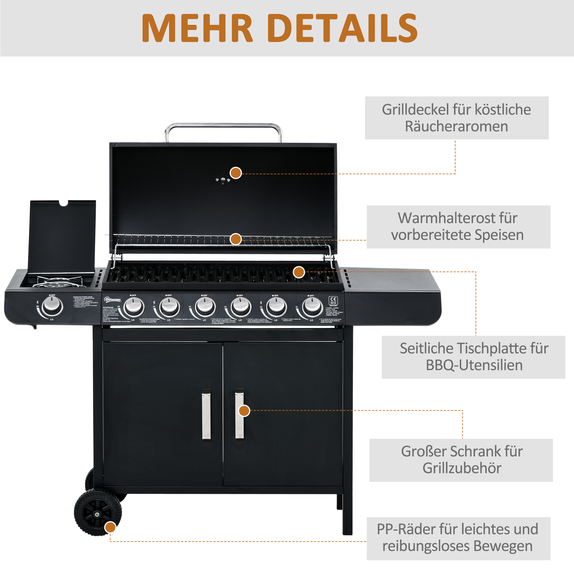 Gasgrill mit 7 Brennern, inkl. Thermometer,  BBQ -Grill, mobiler Grill, Schwarz