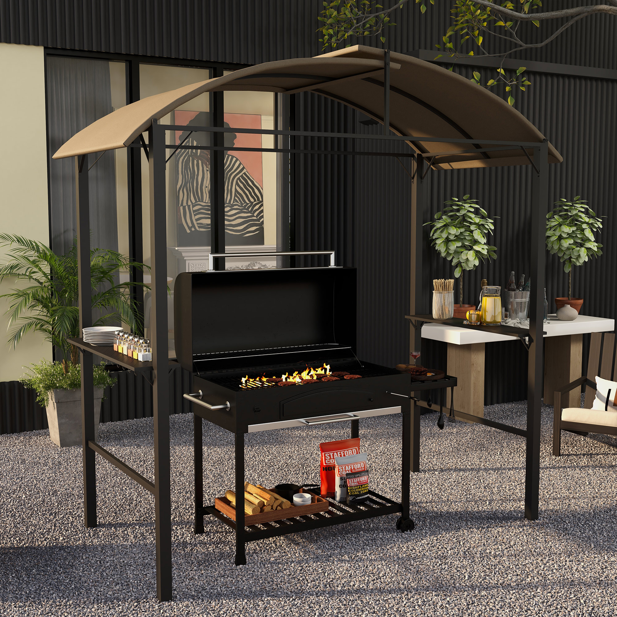 Grillpavillon, 2 Seitenablagen, Haken, Stahlrahmen, 1,1 x 2,3m, Khaki