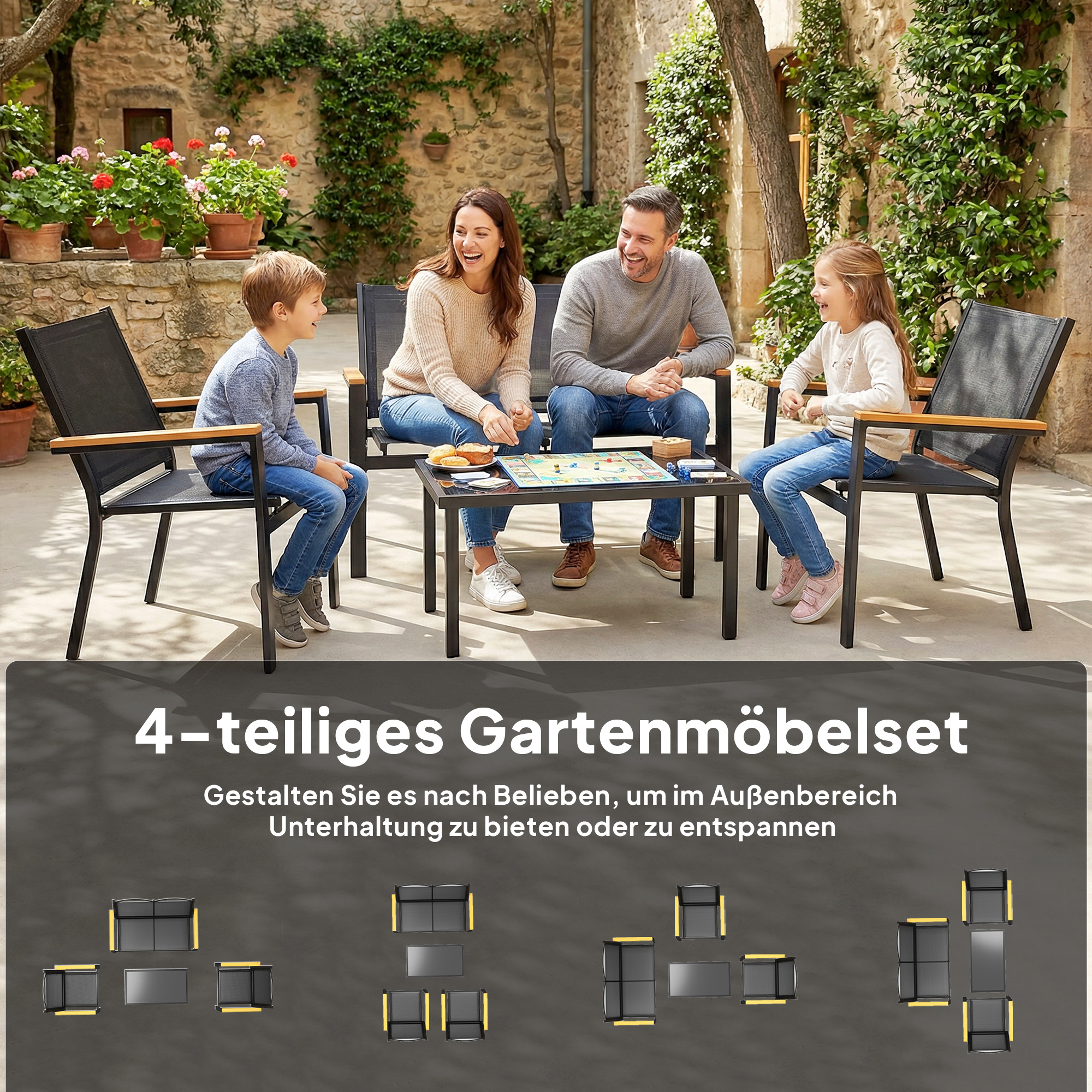 Gartenmöbel Set Metall Sitzgruppe für 4 Personen Gartenlounge mit 2er Sofa Stuhl Beistelltisch 110x63,5x84 cm Schwarz