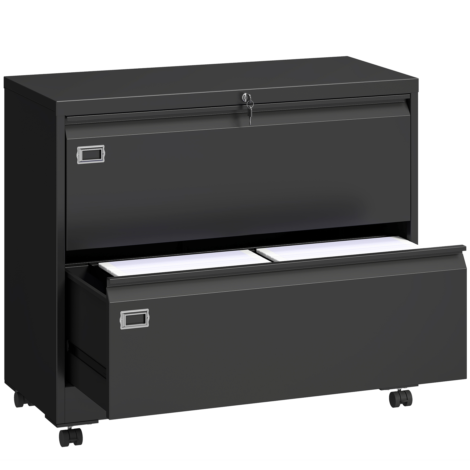 Rollcontainer mit 2 Schubladen abschließbar Aktenschrank mit verstellbarem Hängeregistratur 90 x 40 x 77,4 cm Schwarz