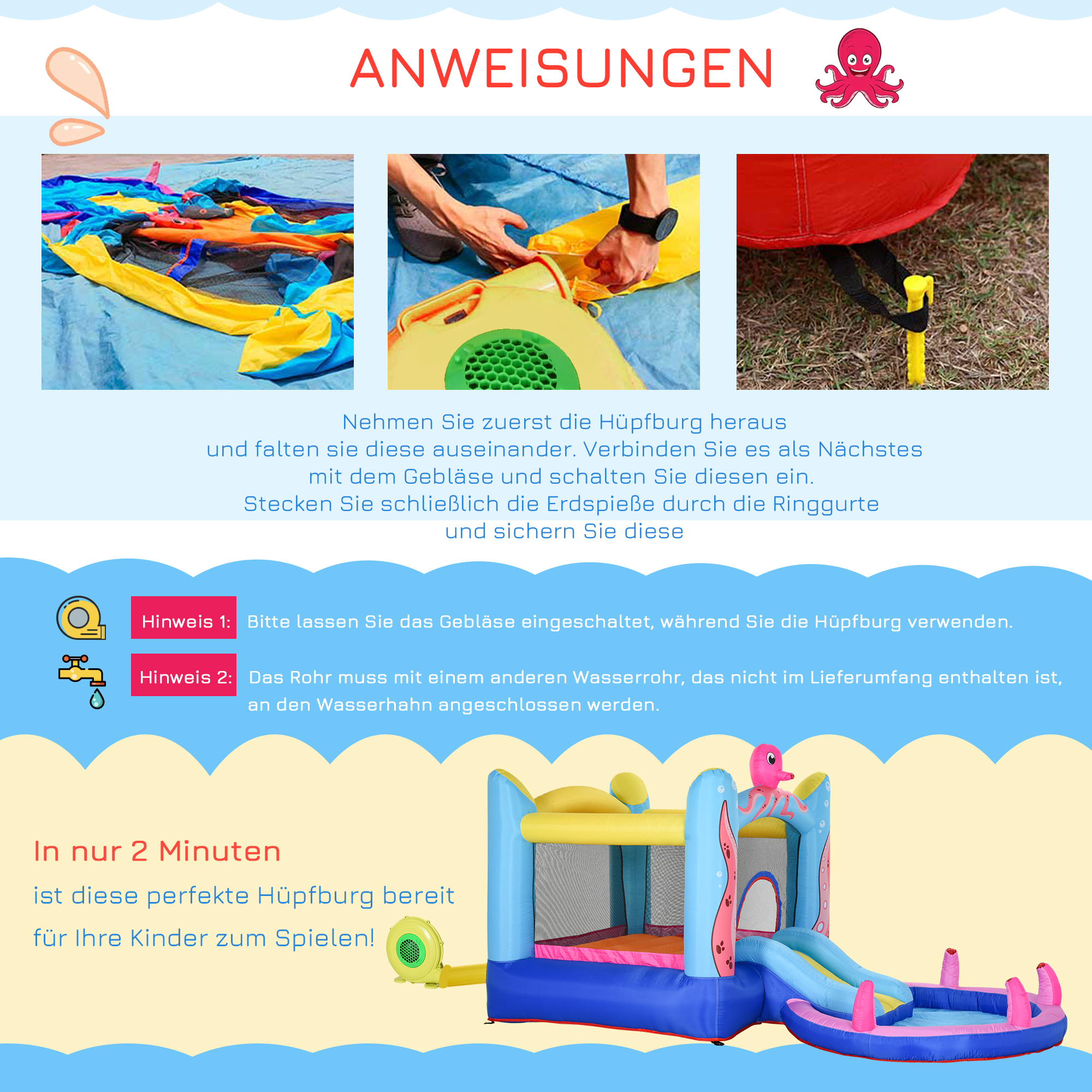 selbstaufblasende Hüpfburg inkl. Gebläse, Flicken, 1 Trampolin, 1 Wasserbecken, 1 Rutsche,  360 x 175 x 180 cm