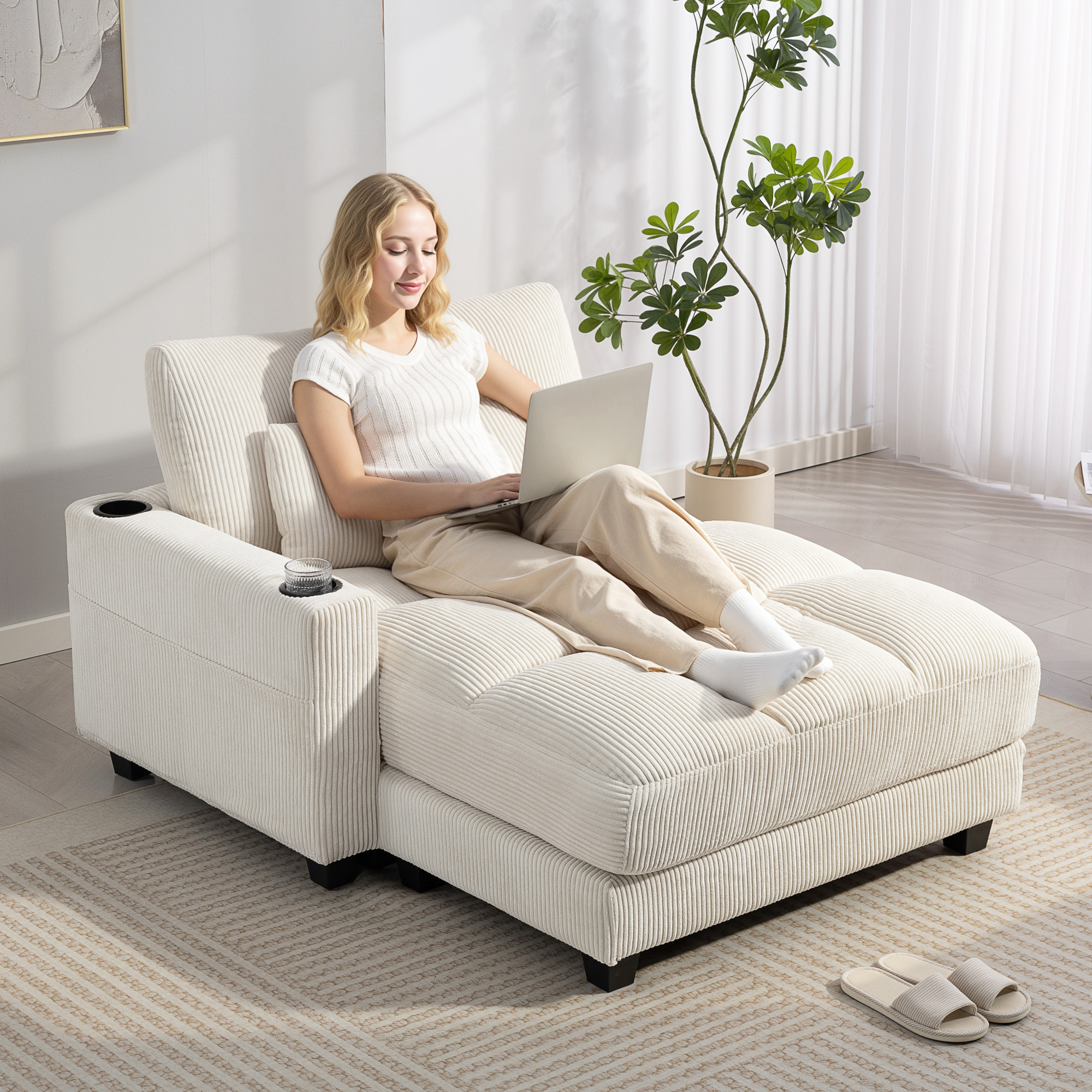 Sofa-Bett mit Kissen, Schaumstoff, zum Bett umwandelbar, Becherhalter,  Cremeweiß