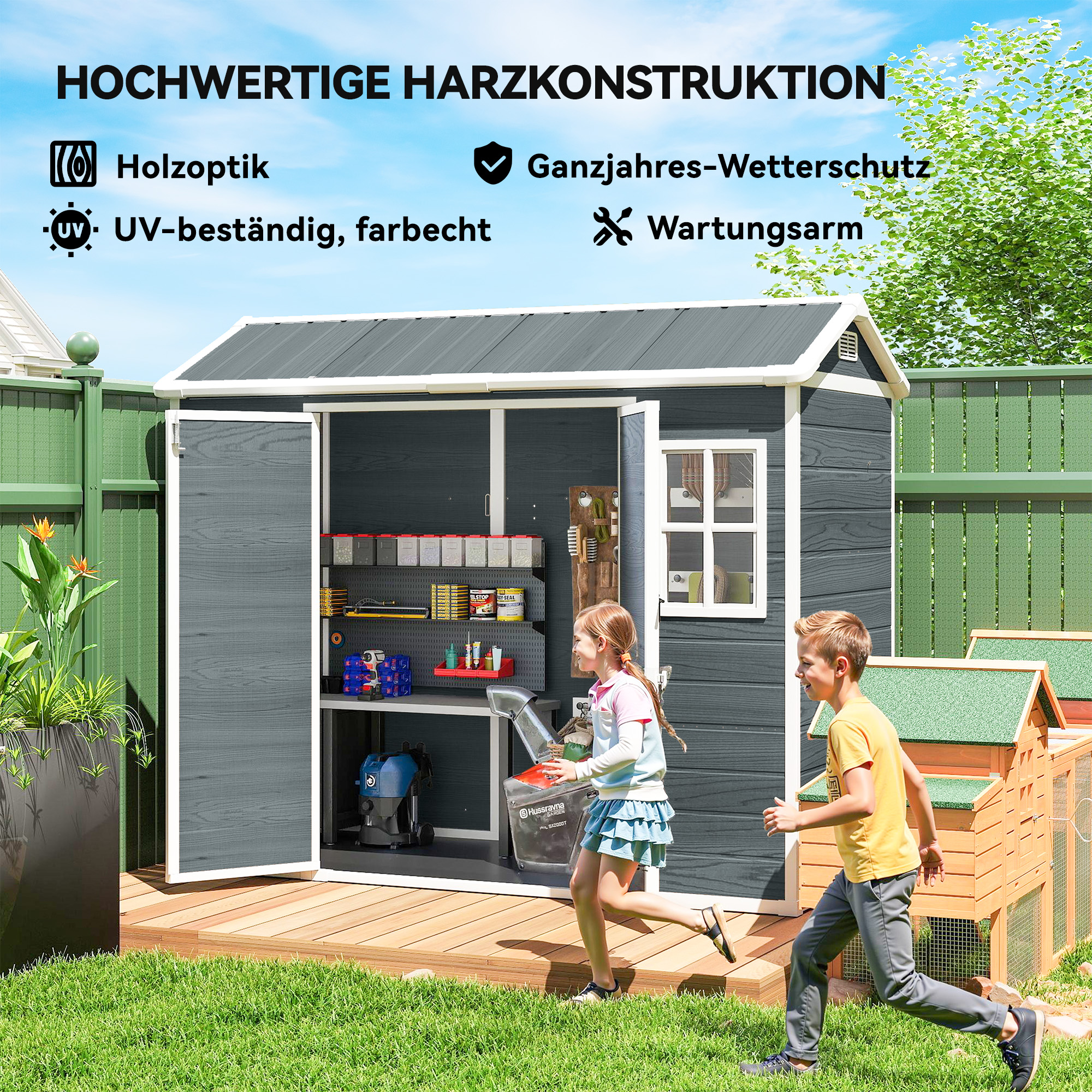 Gerätehaus 2,77 m², Geräteschuppen mit Holzoptik 2 Fenster Doppeltür Belüftung Boden Schloss Handschuhe