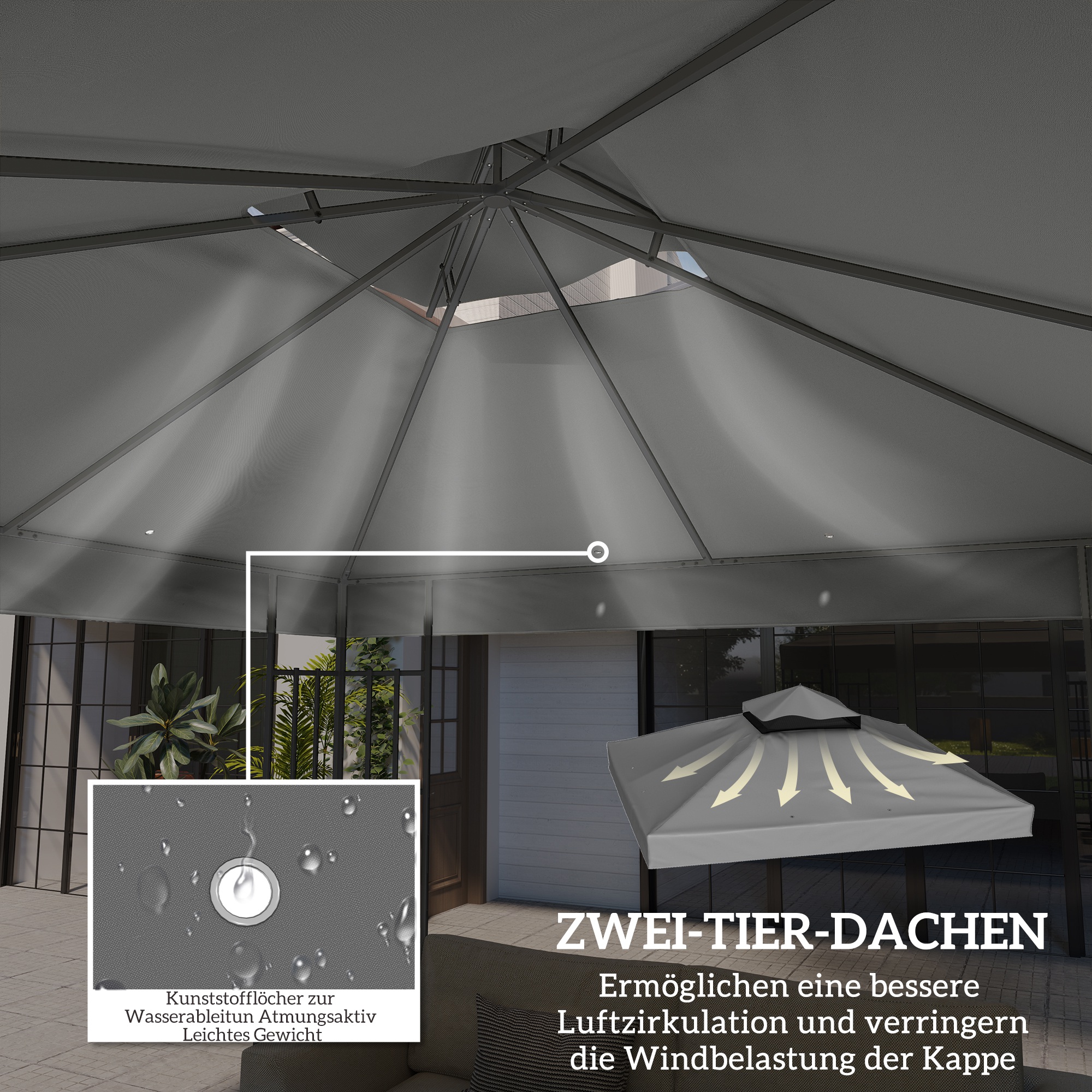 3 x 3 m Ersatzdach für Pavillon, Pavillon-Ersatzplane mit Wasserablauf-Löchern, UPF30+, Sonnenschutz, Dunkelgrau