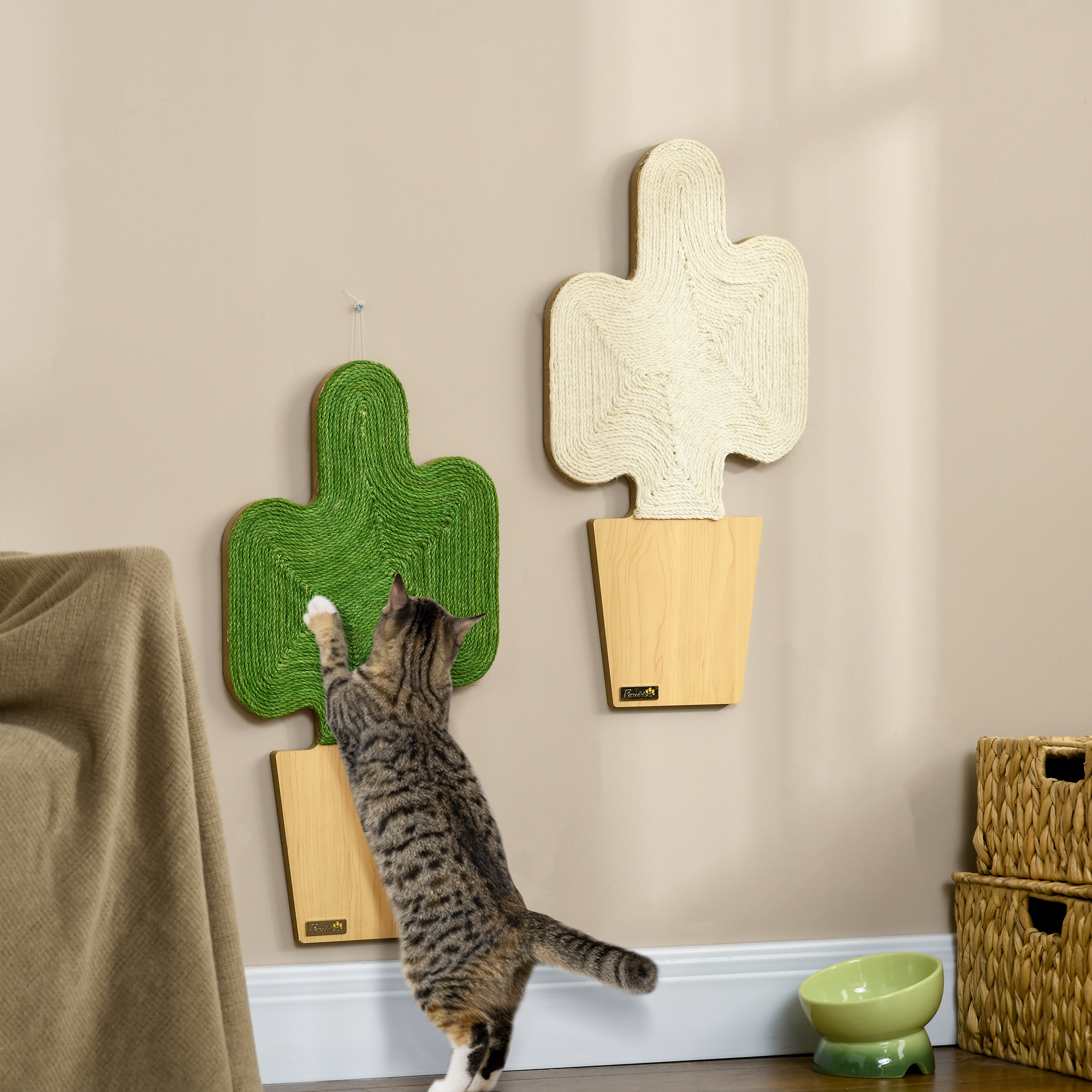 2er-Set Kratzbäume Kratzstämme, Kakteen-Design zur Befestigung an der Wand, 30 cm x 60 cm, Eiche+Weiß+Grün