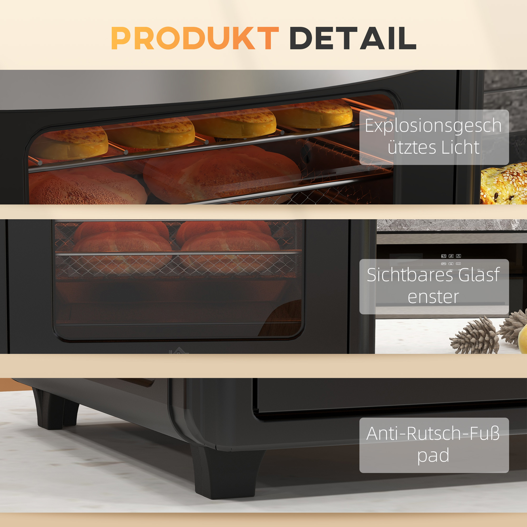 Minibackofen, Heißluftfritteuse, 90-230° C, 7 Programme, Zubehör, Schwarz