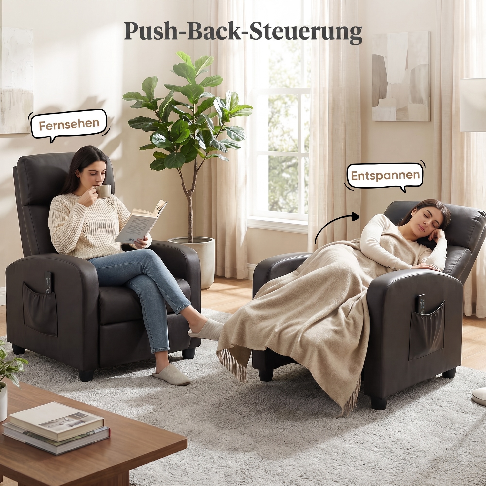 Relaxsessel Fernsehsessel mit Vibrationsmassage, Liegefunktion, 2 Massagepunkte, Fernbedienung, 68 x 88 x 98 cm Braun