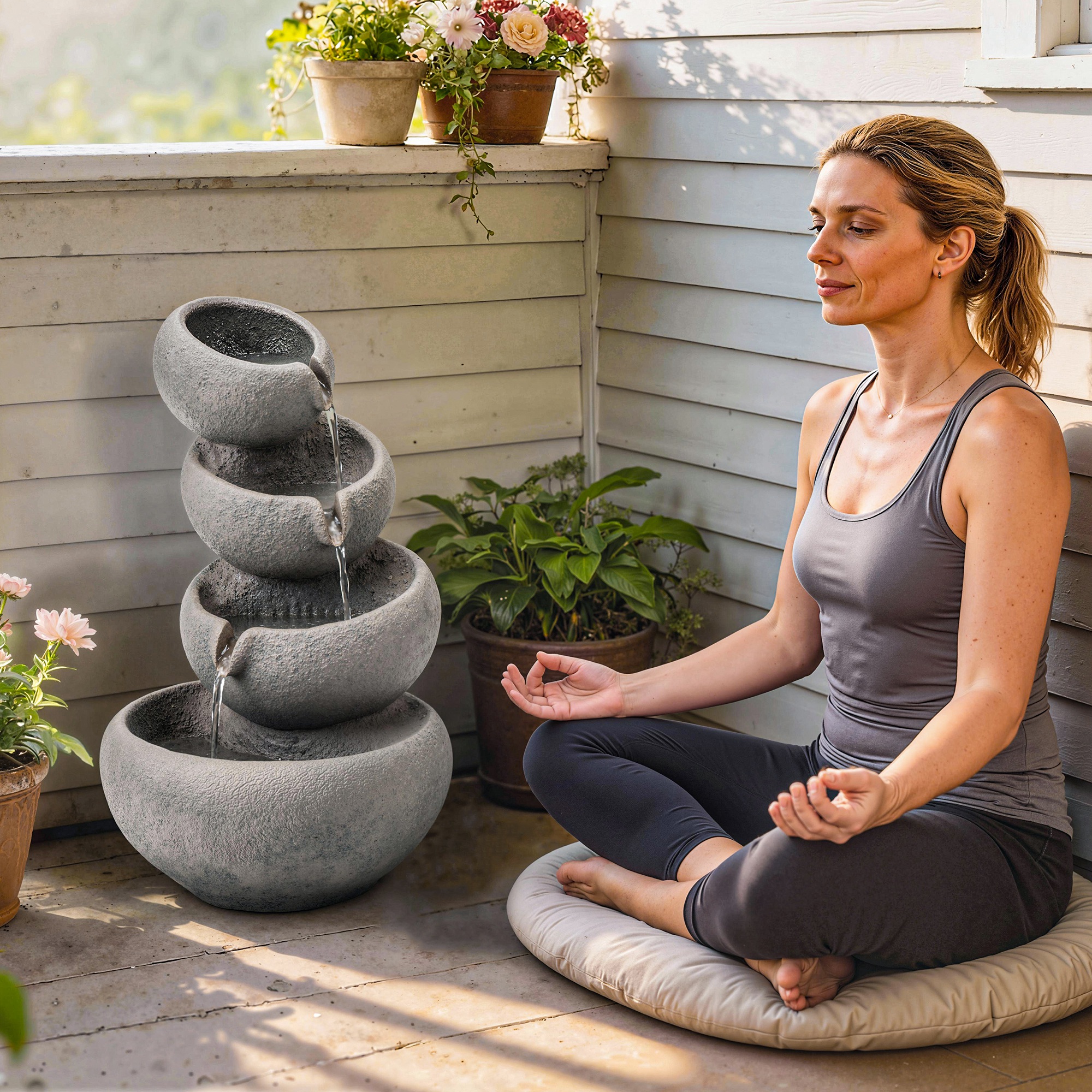 Springbrunnen Outdoor aus Kunstharz 4-stufig Gartenbrunnen mit LED Beleuchtung Pumpe Steinoptik 35 x 32 x 50 cm