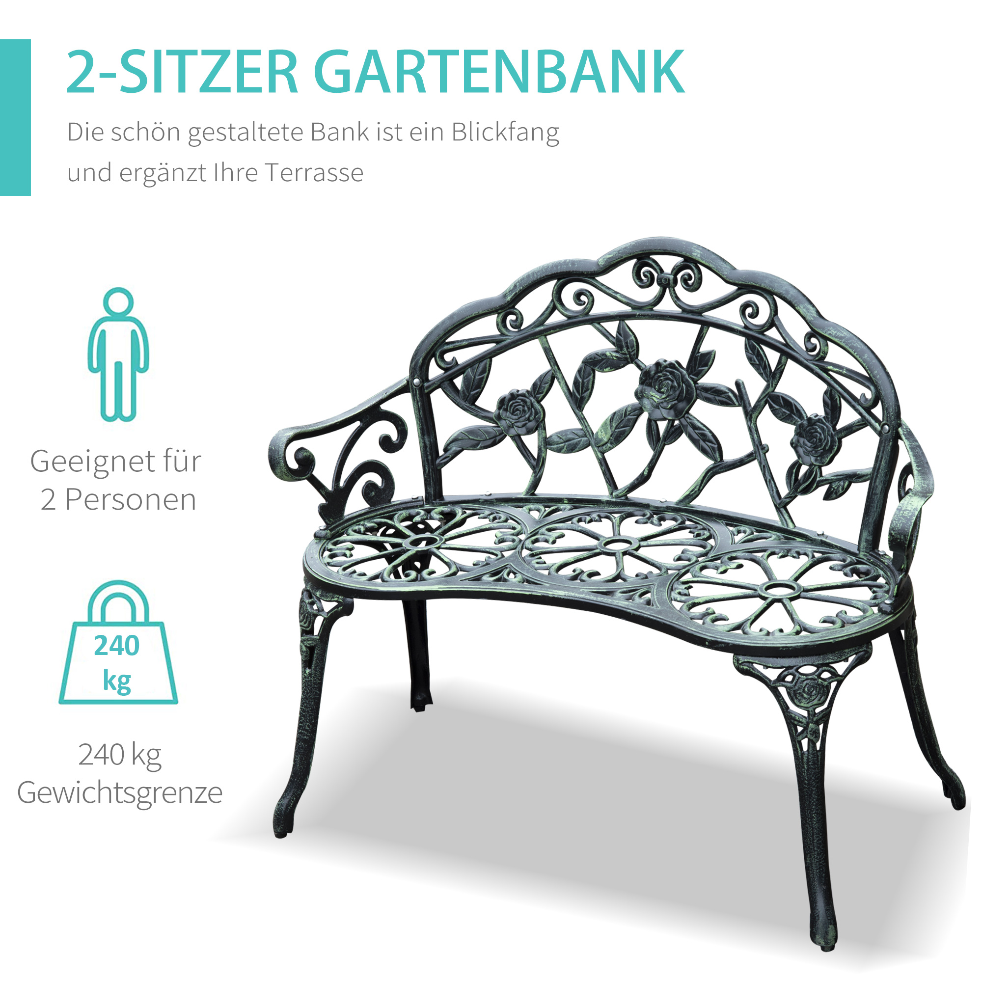 2-Sitzer Gartenbank robust Parkbank Sitzbank mit Rückenlehne Bank 240kg belastbar Gartenmöbel 100 x 54 x 78 cm Antik Grün