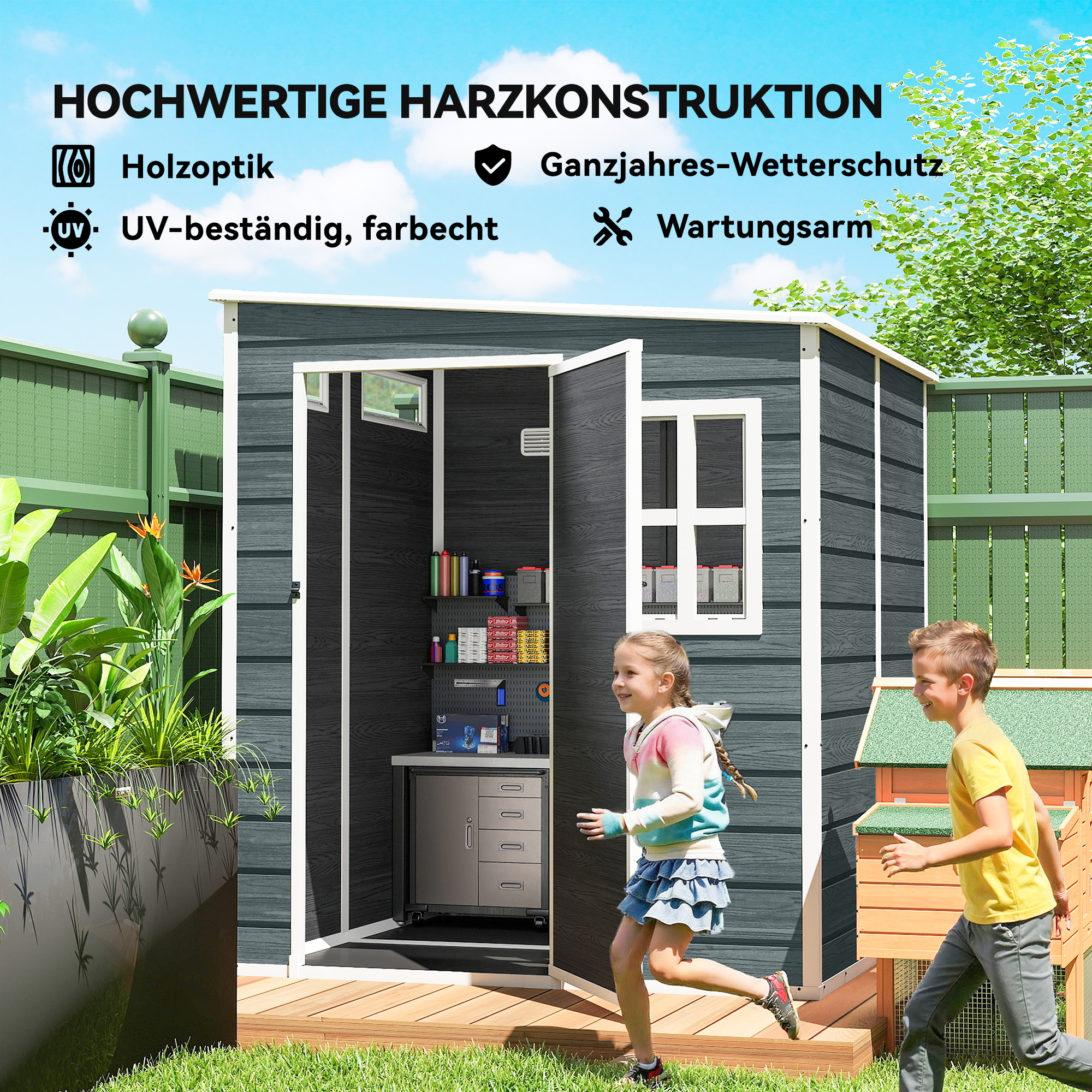Gerätehaus 2,89 m² Geräteschuppen mit Holzoptik 3 Fenster Belüftung Boden Schloss Handschuhe 182 x 182 x 196 cm