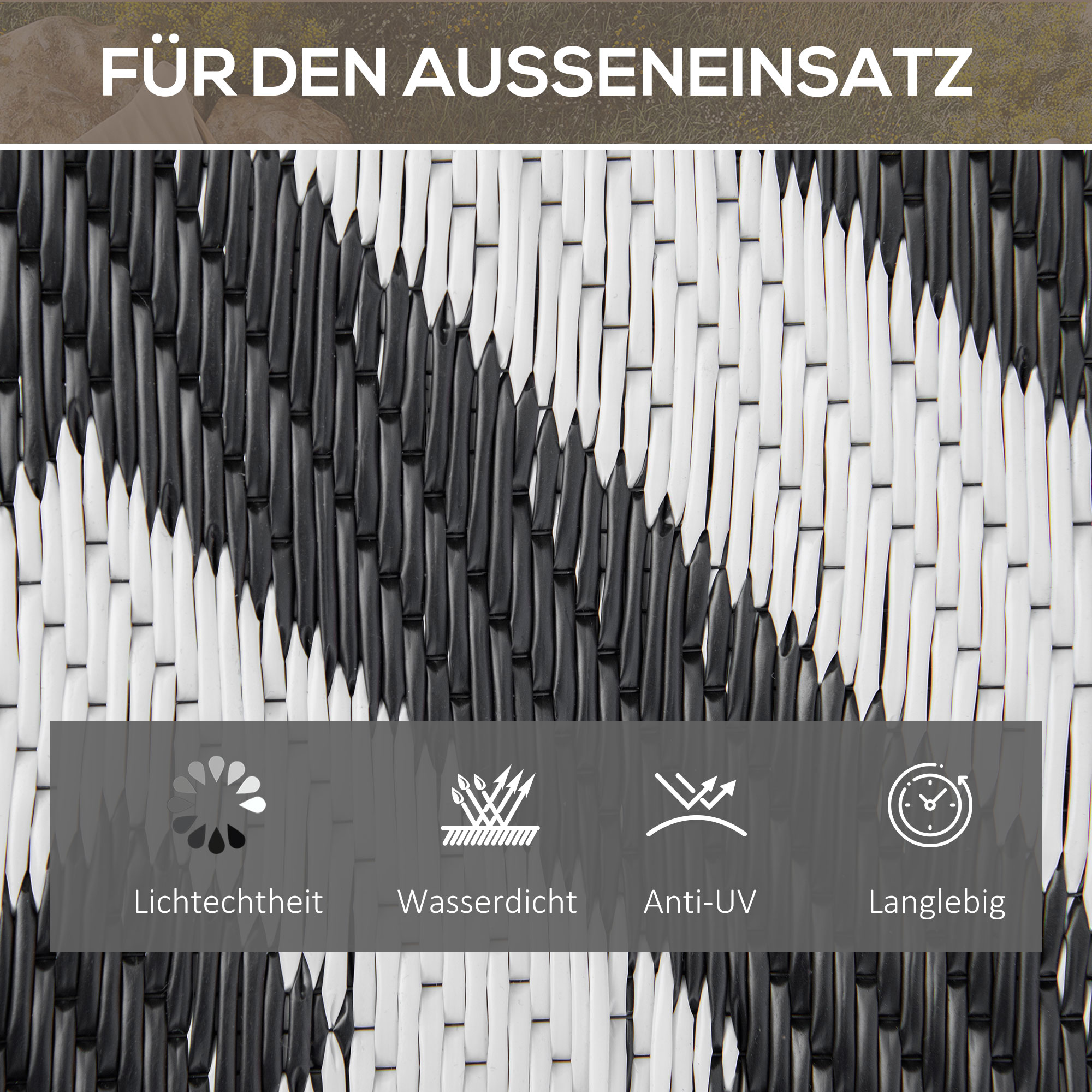 Outdoor-Teppich, beidseitig nutzbar, strapazierfähig, Rand gegen Ausfransen, schwarz+weiß, 152 x 243 cm