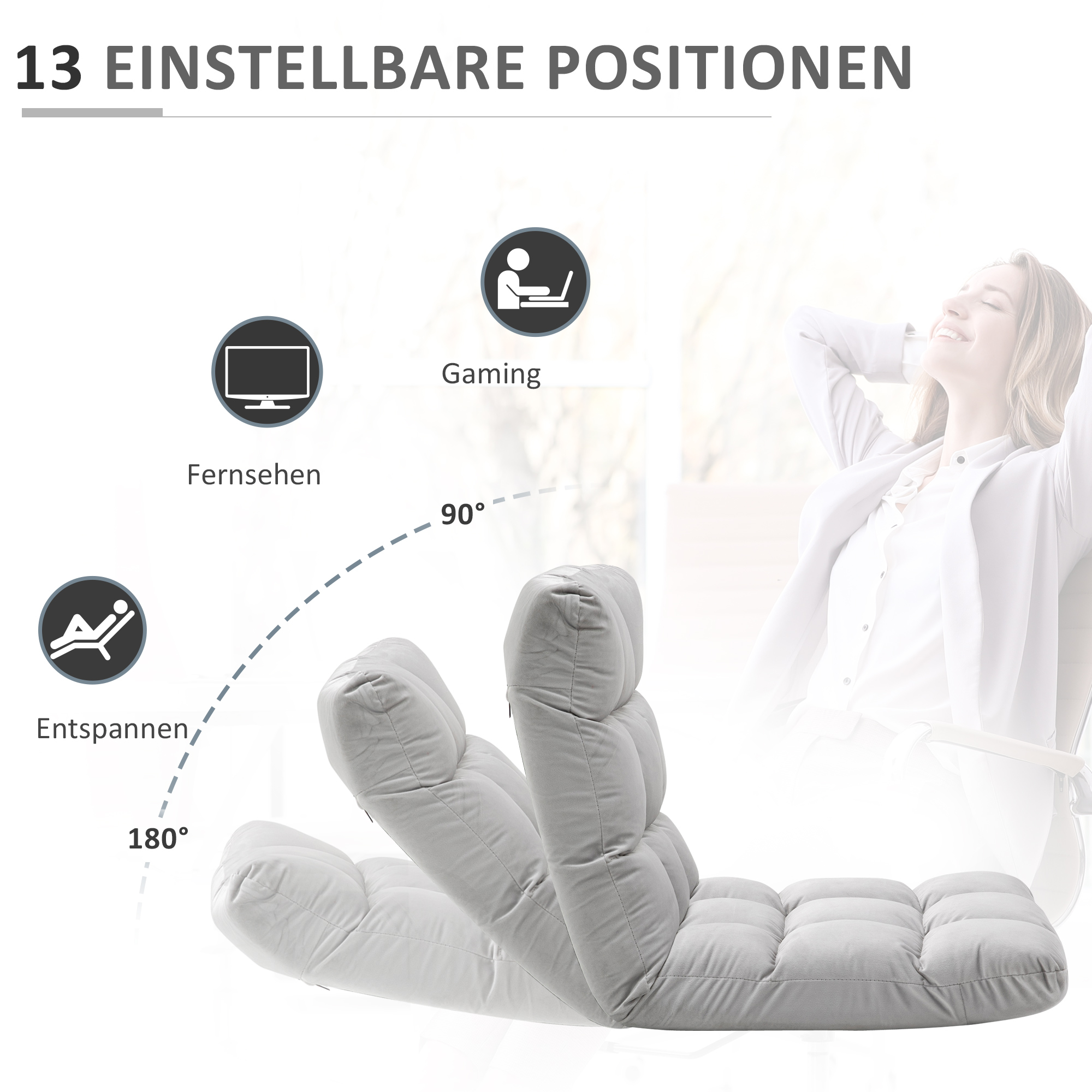 Bodenstuhl, faltbar, Bodensessel mit Liegefunktion Verstellbarer Rückenlehne, gepolstert Relaxsessel zum Fernsehen, Lesen, Meditationsstuhl Lazy Sofa Lesesessel für Meditation Zuhause Grau