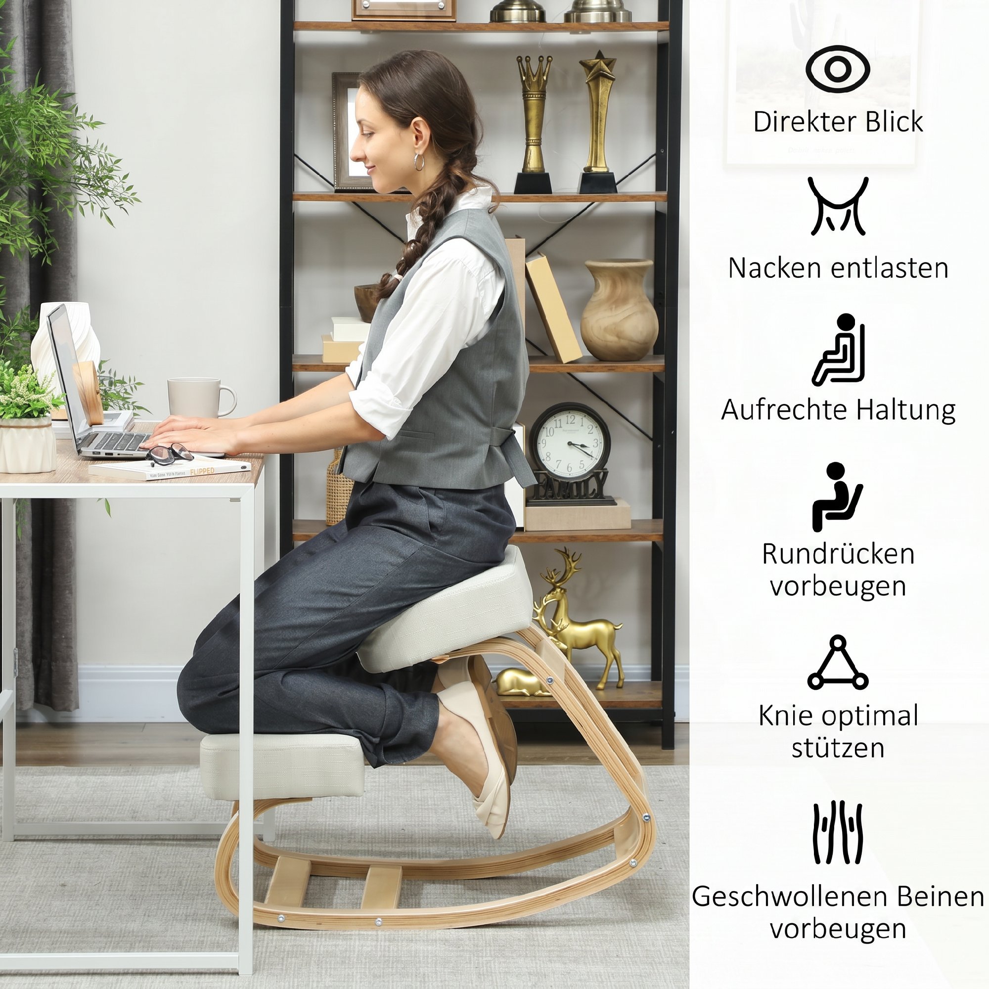 Kniestuhl, ergonomischer Sitzhocker, Polsterhocker für gesunde Sitzhaltung, Birkenholz, 120 kg belastbar, Cremeweiß