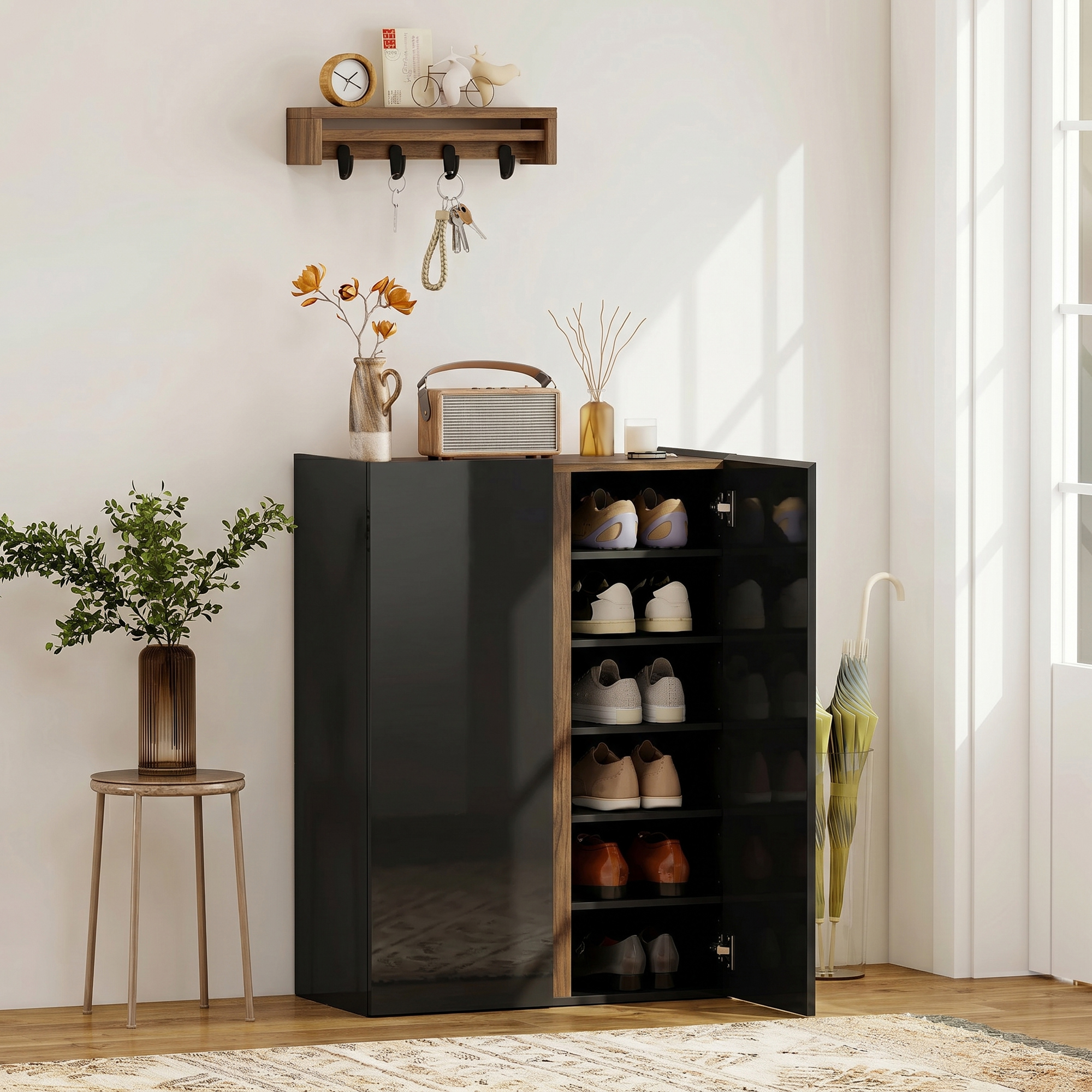 Schuhschrank mit leiser Sicherheitsöffnung, 6 Ebenen, grifflose Design, Hochglanz Schwarz
