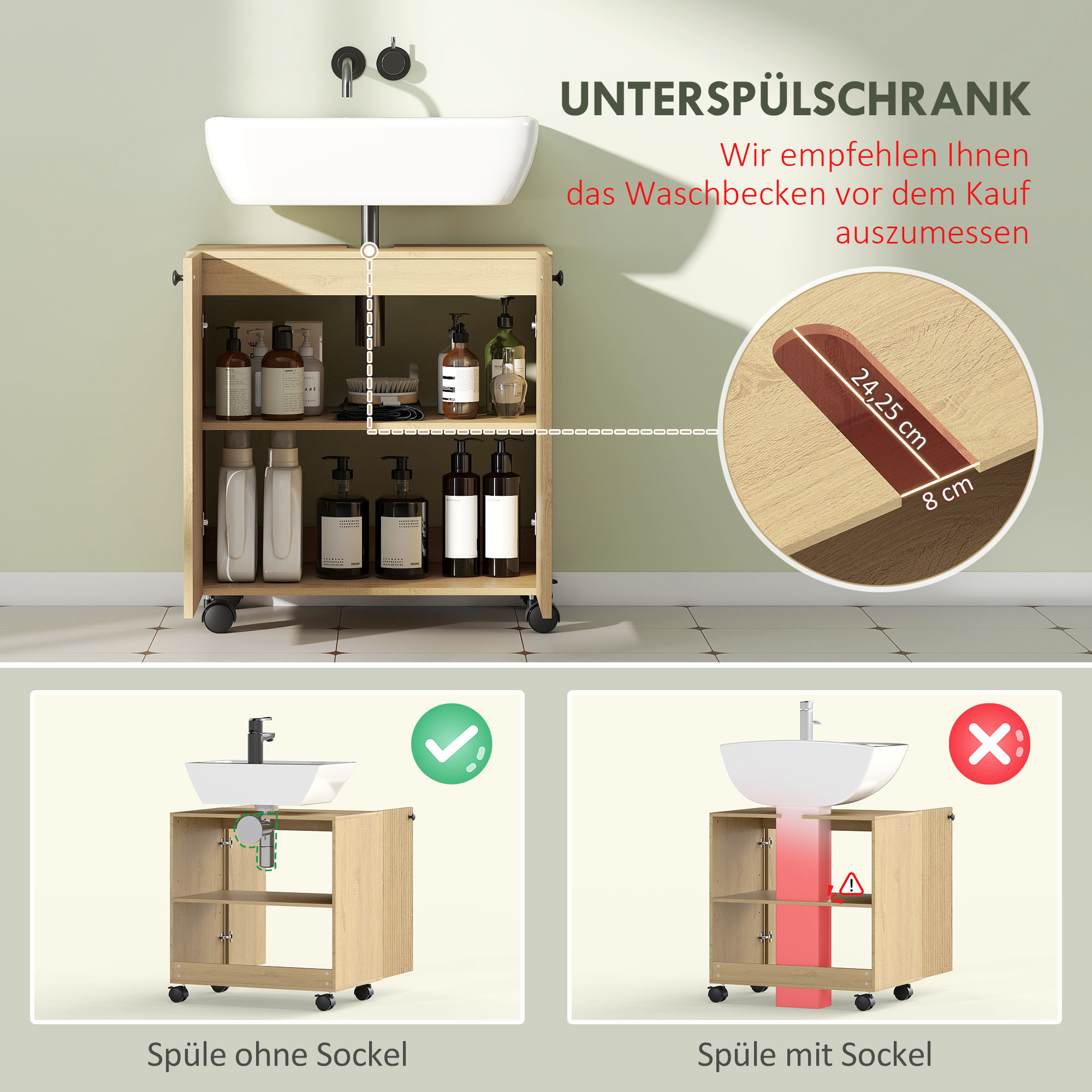 Waschbecken-Unterschrank für Badezimmer, 3-stufiges Regal, Räder, Holz