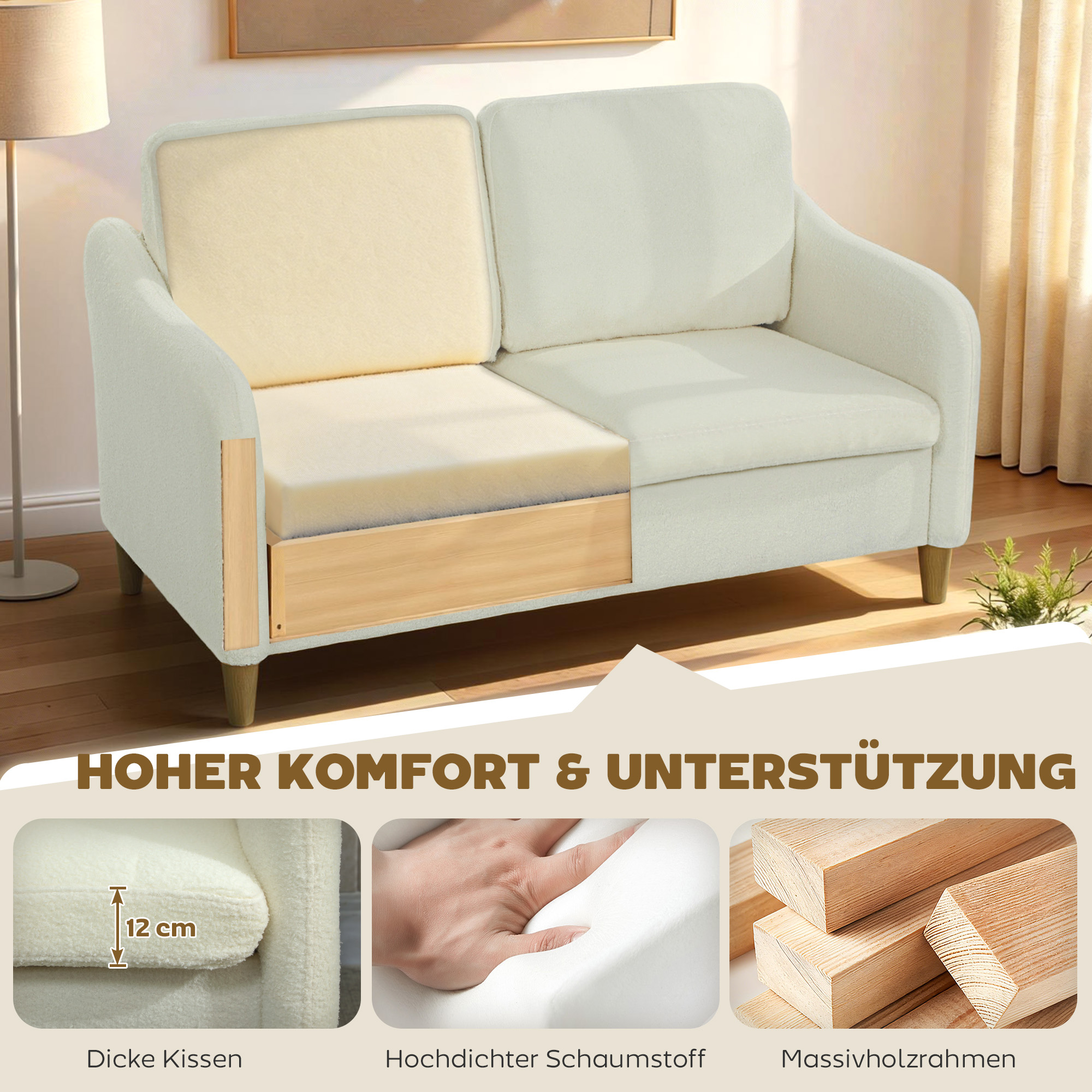 Sofa 2 Sitzer kleine Couch mit Sherpa-Fleece-Optik 137 cm für Wohnzimmer Cremeweiß