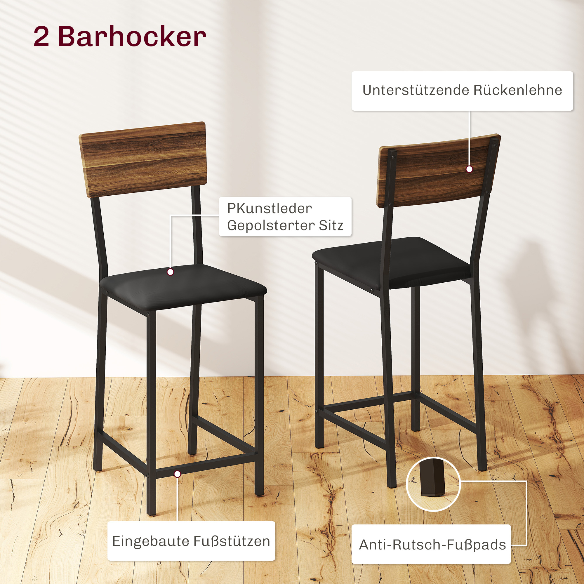 3-teiliges Bartisch-Set, 1 Bartisch, 2 Stühle, mit Weinregal, Glashalter, Offene Regale, Fußstützen, Braun