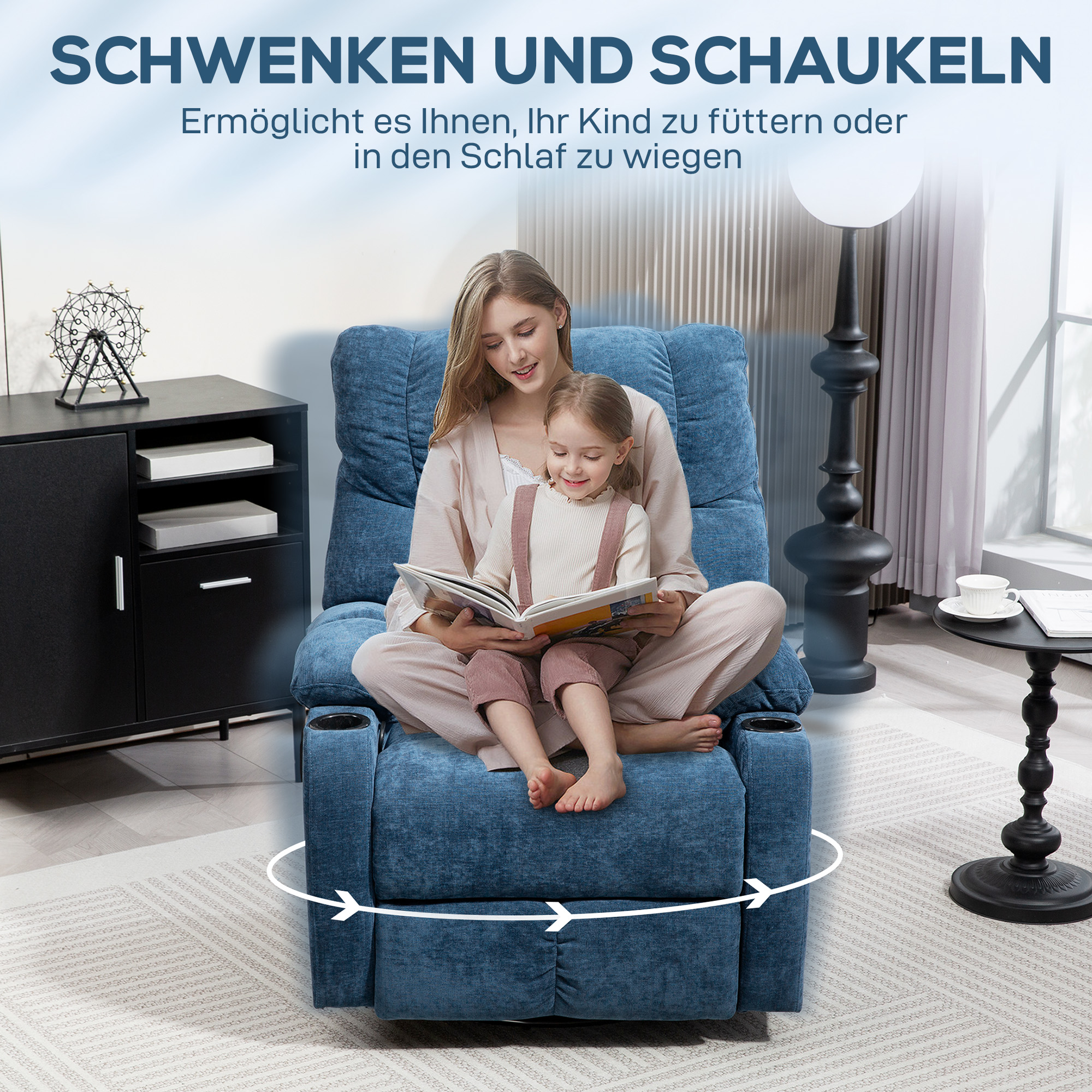 Relaxsessel mit Fußstütze, Liegesessel, drehbar, bis 150 kg, Stahlrahmen, 88x96x108cm, Dunkelblau