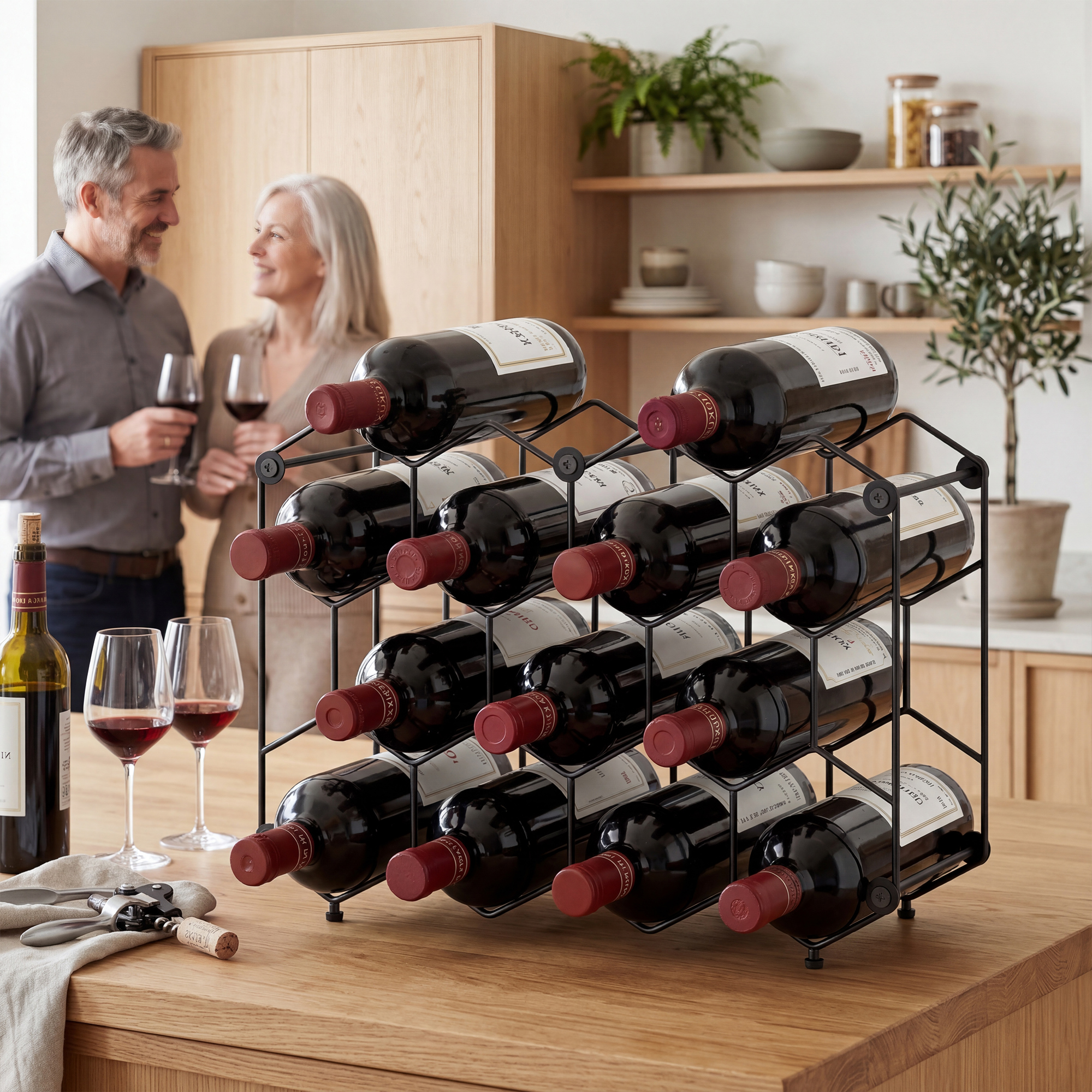 Weinregal für 13 Flaschen Flaschenregal mit Wabendesign Verstellbaren Füßen Kippschutz Metall 43 x 15,5 x 31 cm Schwarz