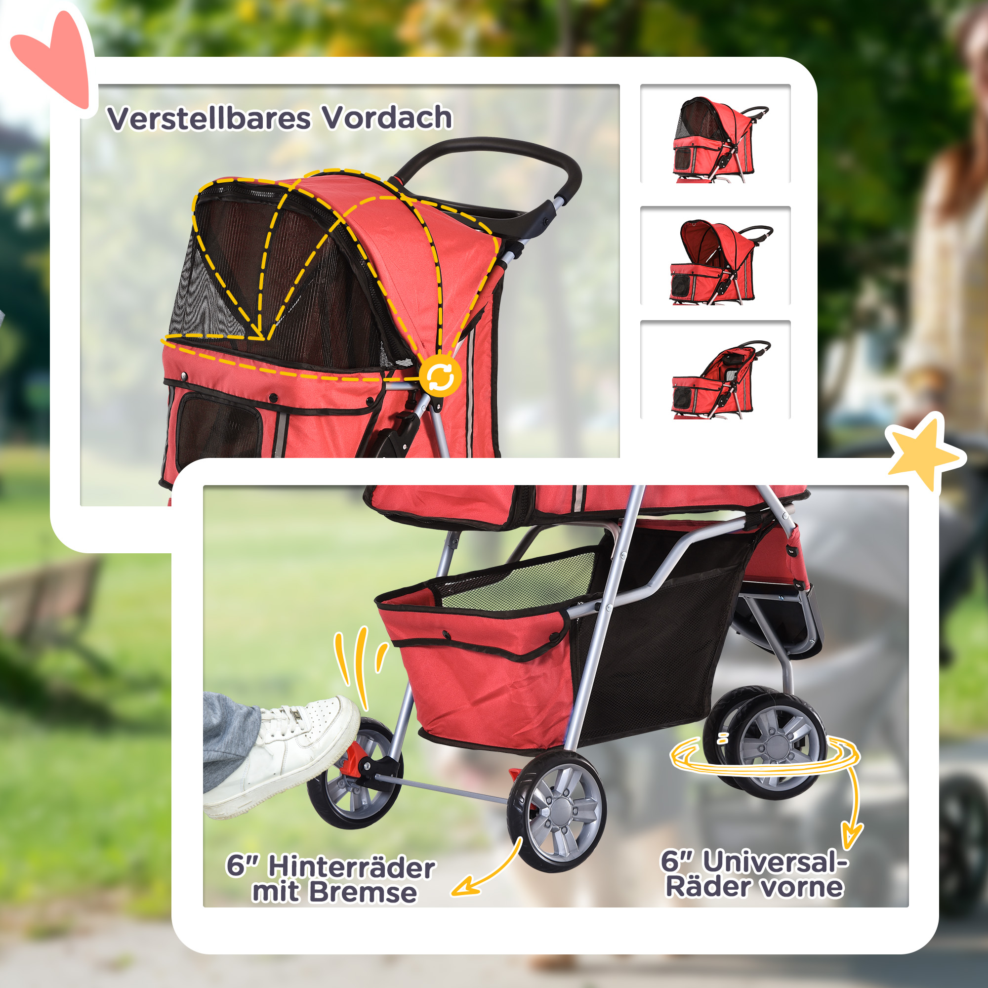 Hundewagen Hundebuggy bis 10 kg Klappbar Bodenkorb 2 Becherhalter verstellbares Vordach Rot