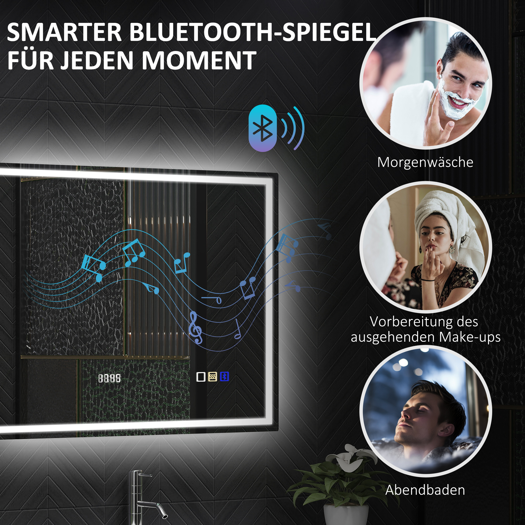 Badezimmerspiegel mit LED-Beleuchtung, Anti-Beschlags-Pad, 3 verstellbare Farben, Uhr, 600 x 800 mm, Silberfarben