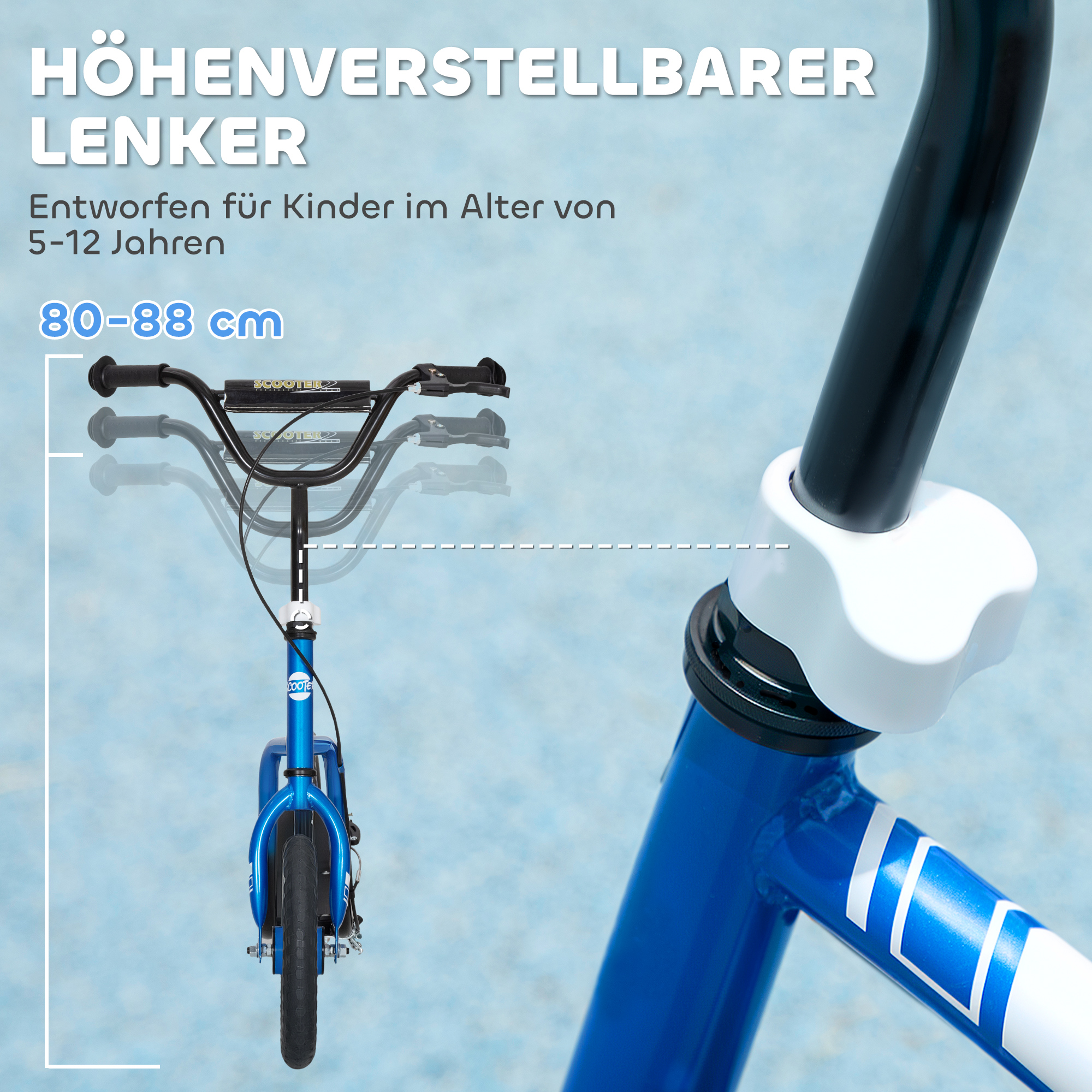 Kinderroller mit verstellbarem Lenker, große Räder, Parkständer, Handbremse, für Kinder im Alter von 5-12 Jahren, Blau