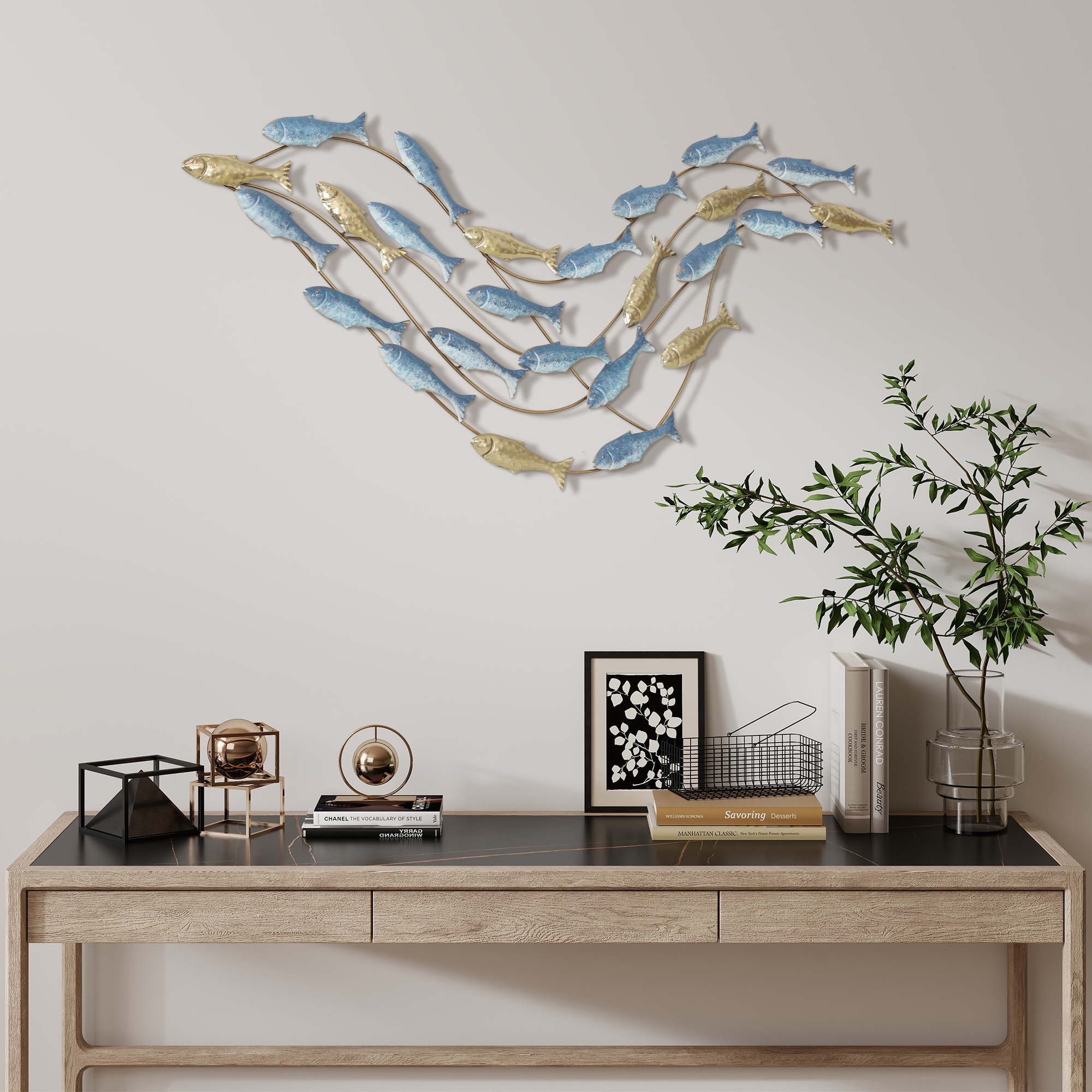Wandkunst aus Metall, Fischdesign, rostbeständig, moderner Stil, elegant, Hellblau