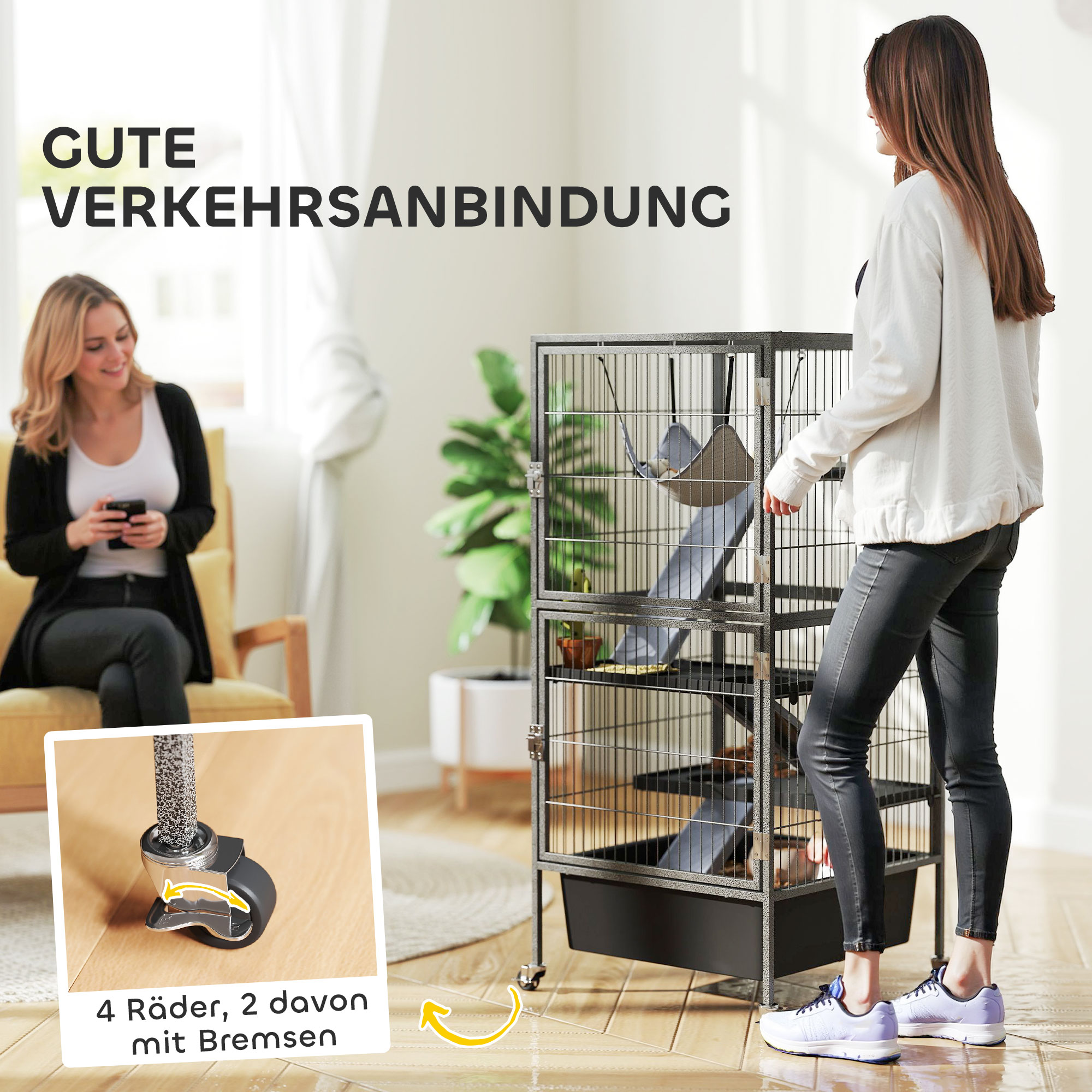 Kleintierkäfig 4-stöckiger Nagerkäfig mit ausziehbarem Tablett Rampen Hängematte Rollen Plattformen 52x52x115 cm Grau