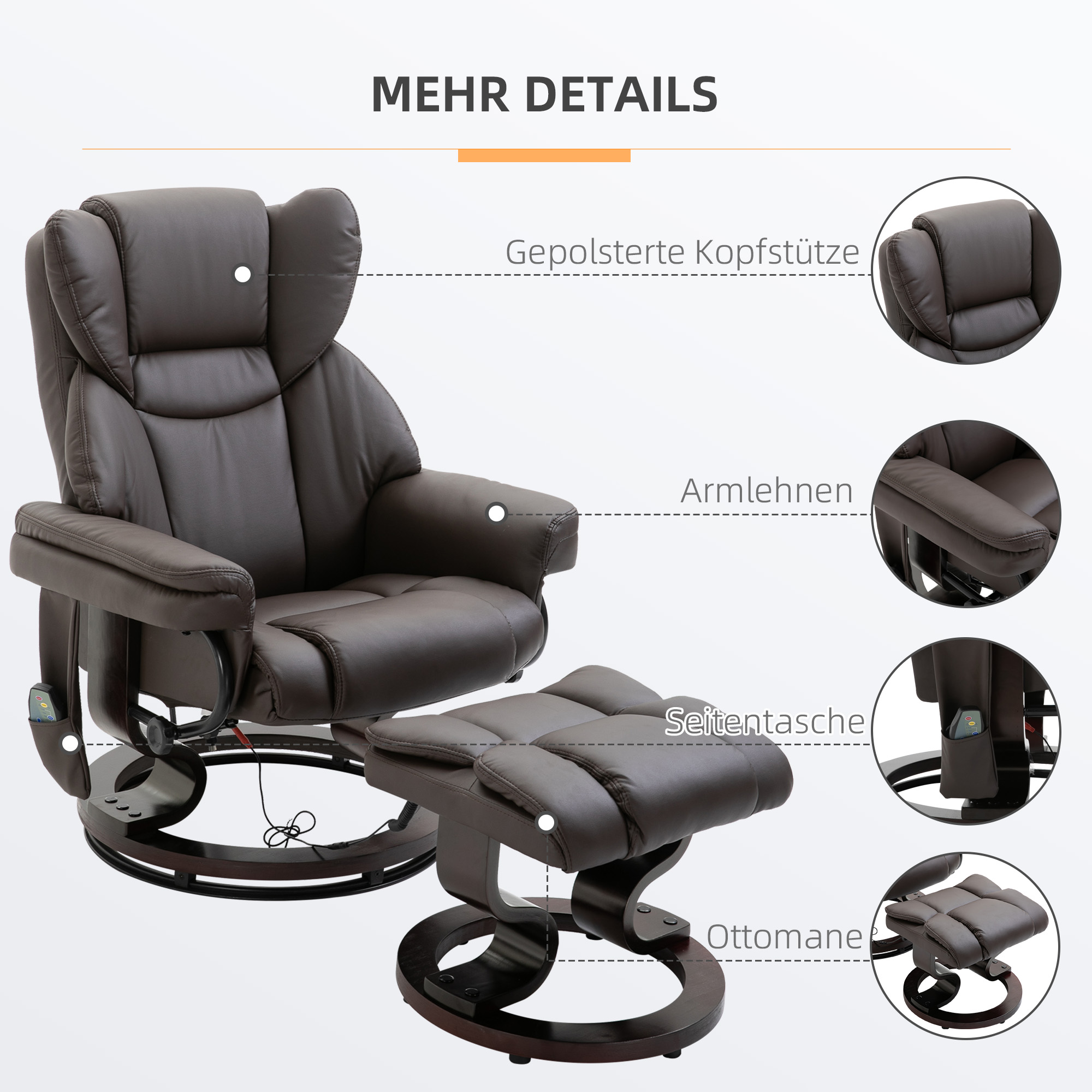 Relaxsessel mit Hocker, 360°drehbarer Fernsehsessel mit Massage, Liegefunktion, Massagesessel mit Seitentasche, Liegesessel, Kunstleder für Wohnzimmer Braun