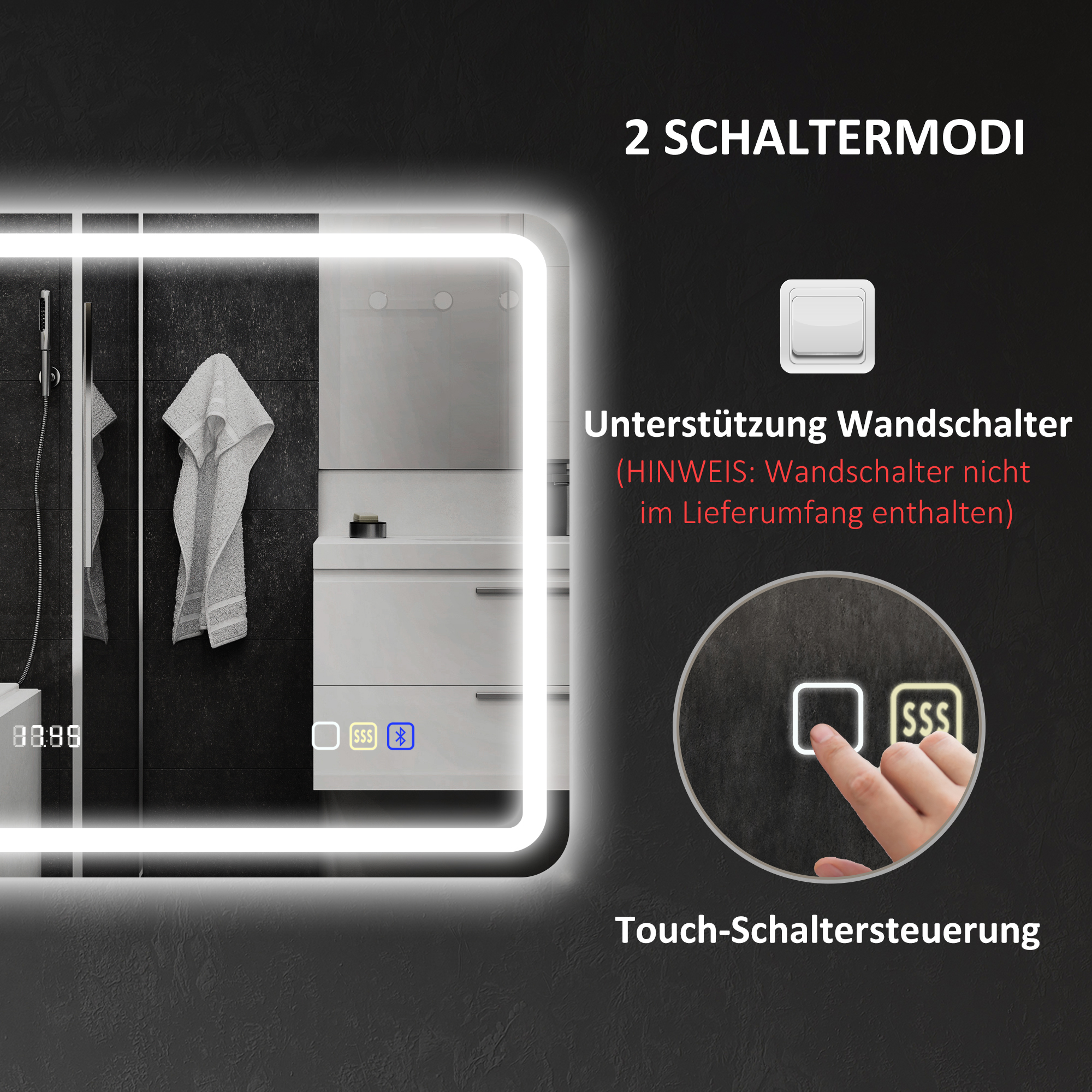 Badezimmerspiegel mit LED-Beleuchtung, Anti-Beschlags-Pad, 3 verstellbare Farben, Uhr, 700 x 900 mm, Silberfarben