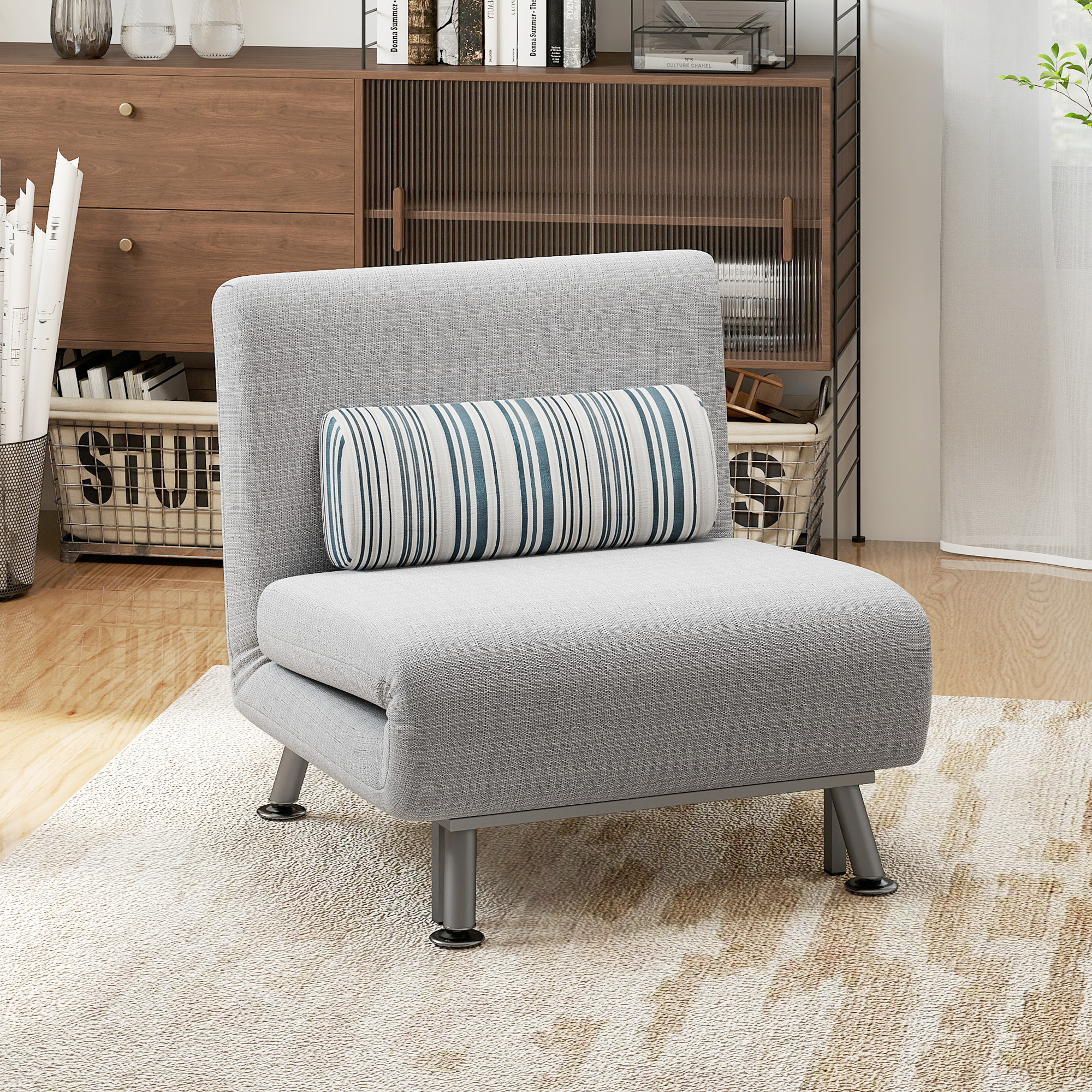 Klappsessel mit Bettfunktion, klappbarer Relaxsessel in Leinenoptik, Verstellbare Rückenlehne, 75 x 70 x 75 cm, Grau