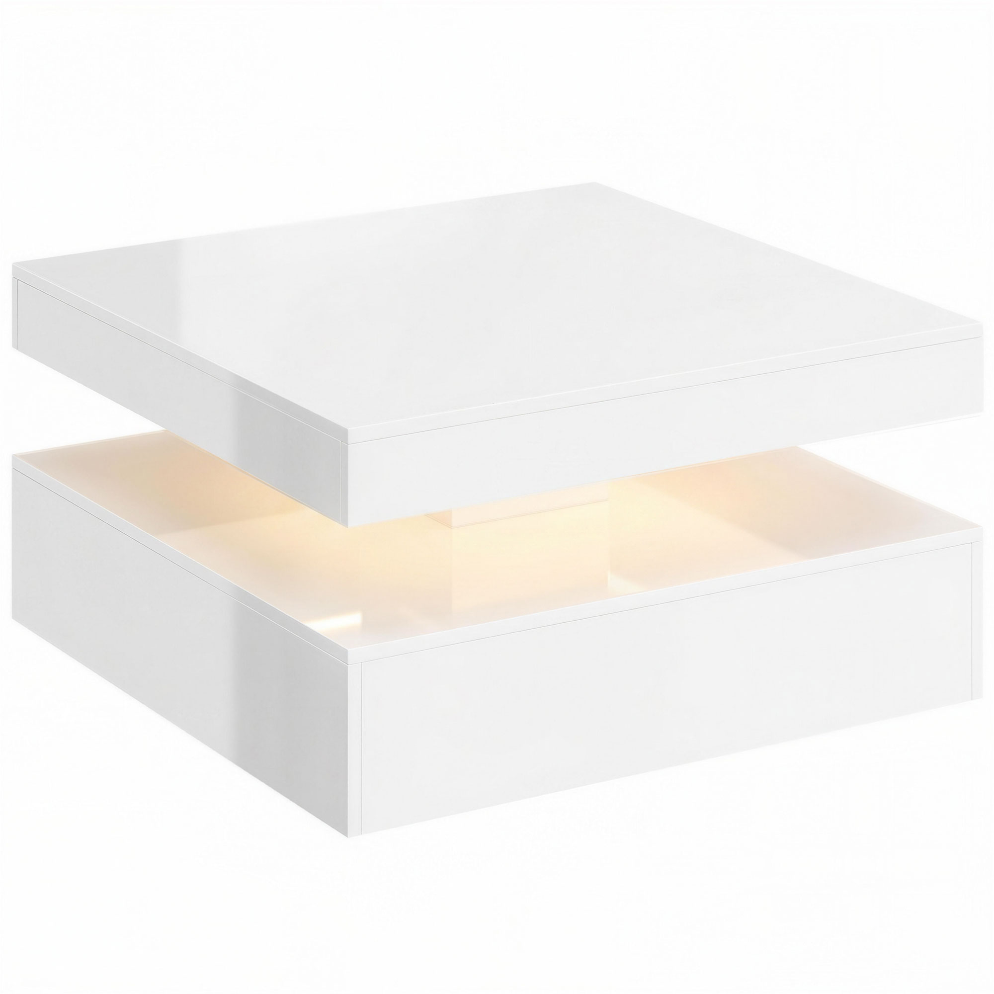 LED-Couchtisch mit Stauraum, 2-stufiger moderner Tisch mit offener Ablage und Fernbedienung, Hochglanz Weiß