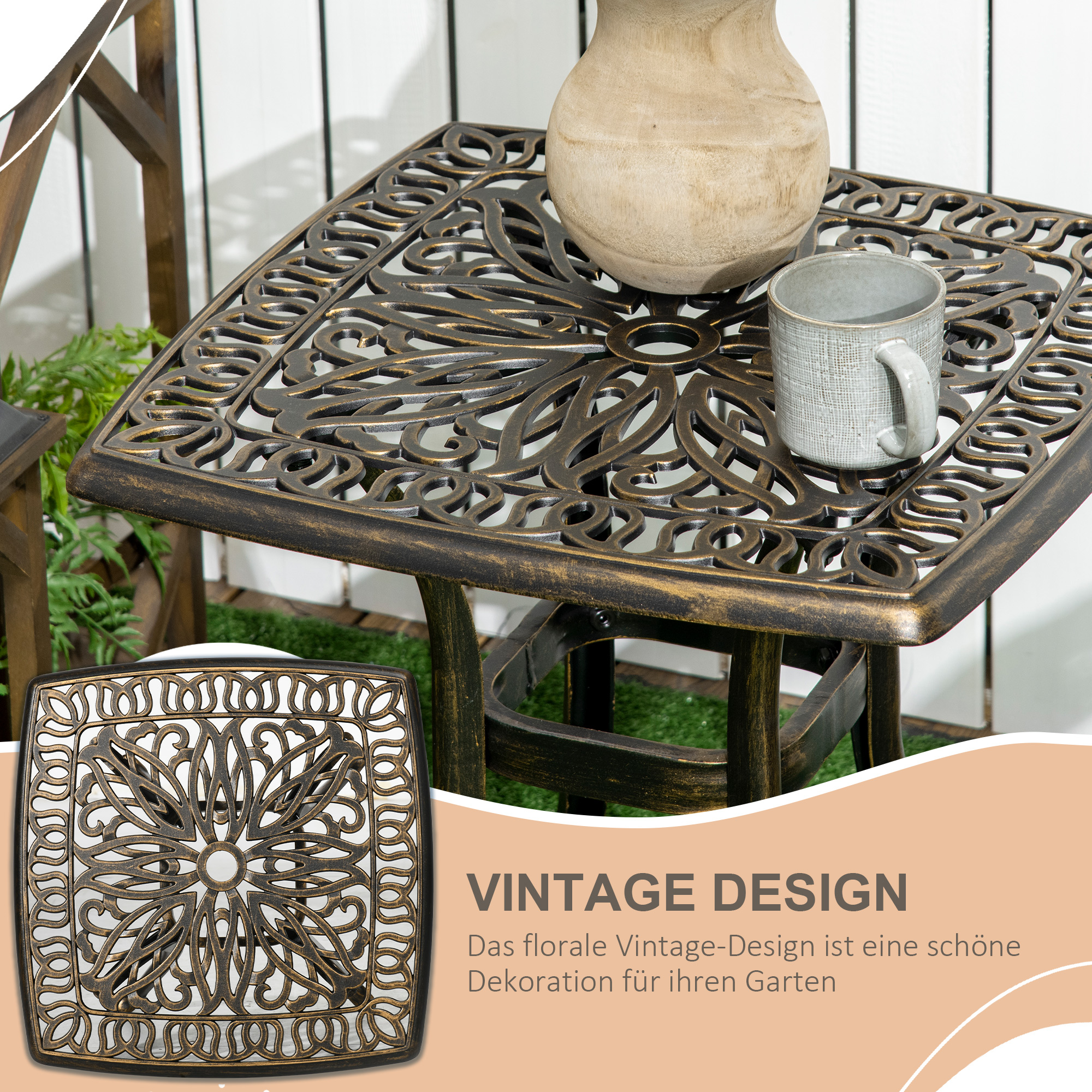 Gartentisch, dekoratives Vintage-Design, mit Schirmloch, Aluminiumguss, Farbe: Bronze, 54 x 54 x 52,5 cm