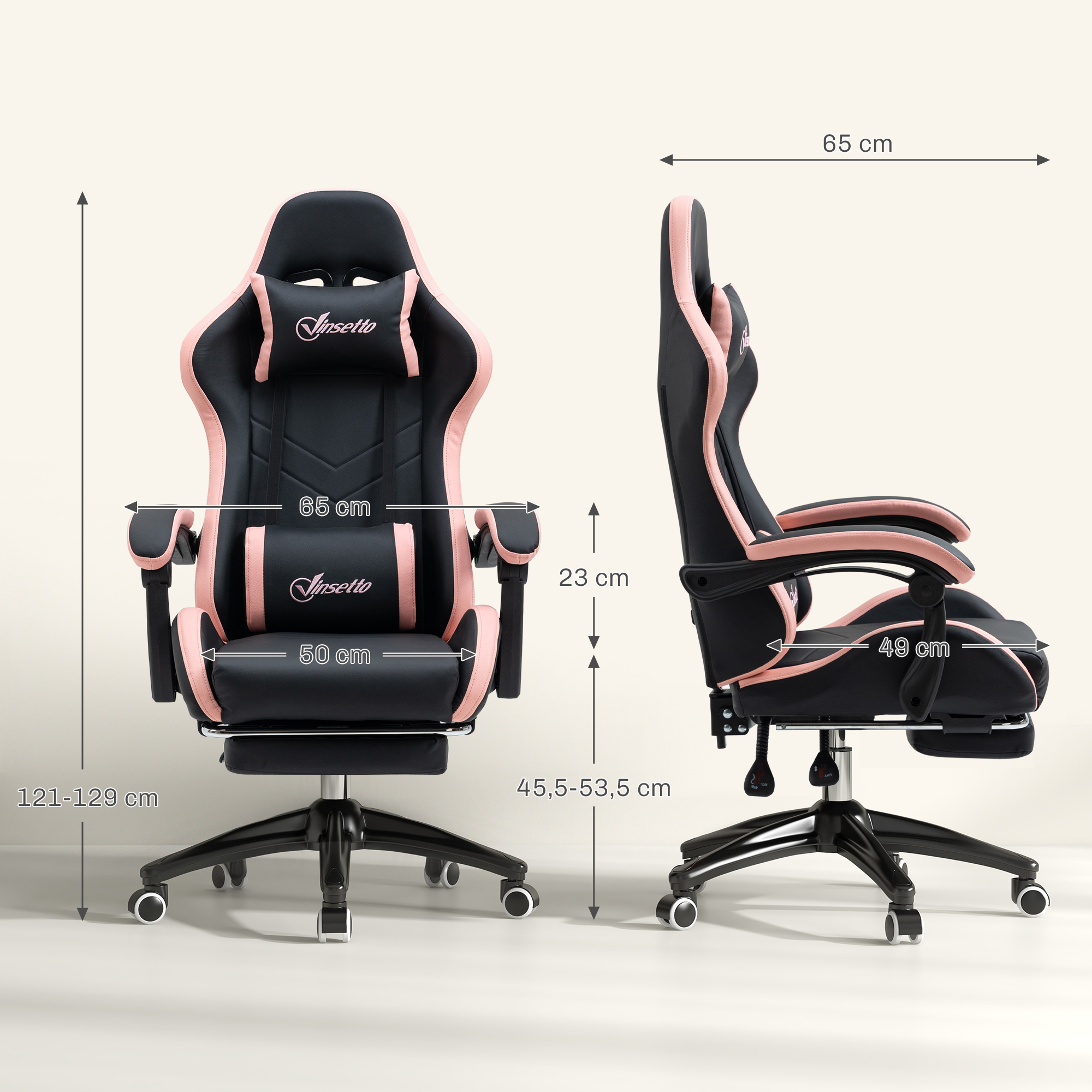 Bürostuhl, Gamingstuhl, 1 Kopfstütze, 1 Lendenstütze, Rosa + Schwarz